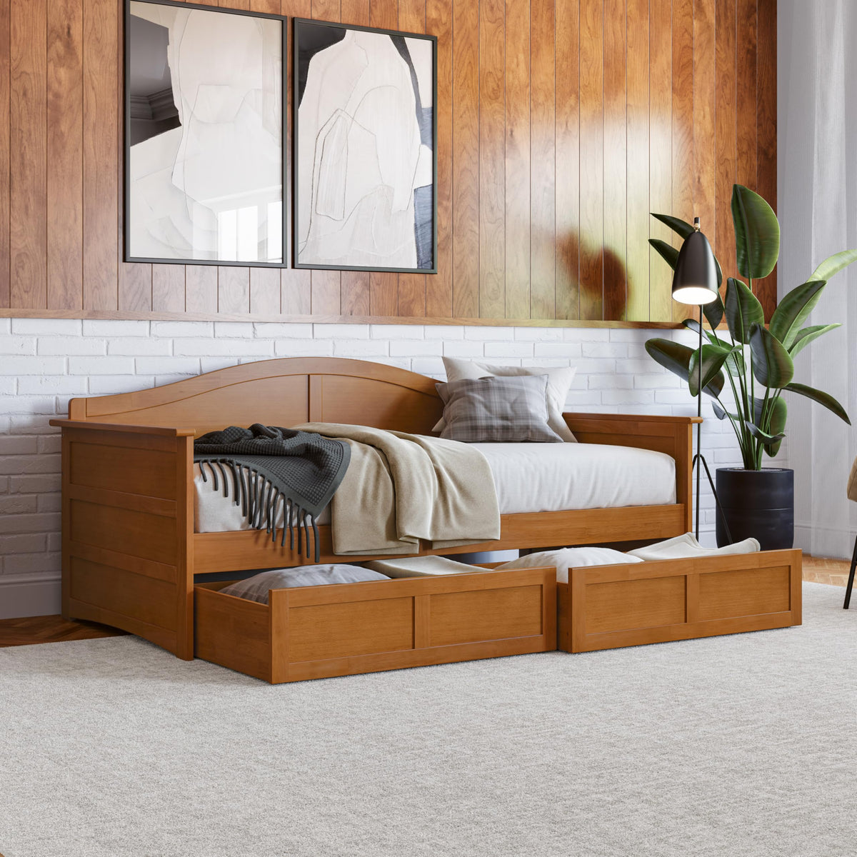 AFI, Acadia Twin Wood Daybed with 2 Storage Drawers, Light Toffee