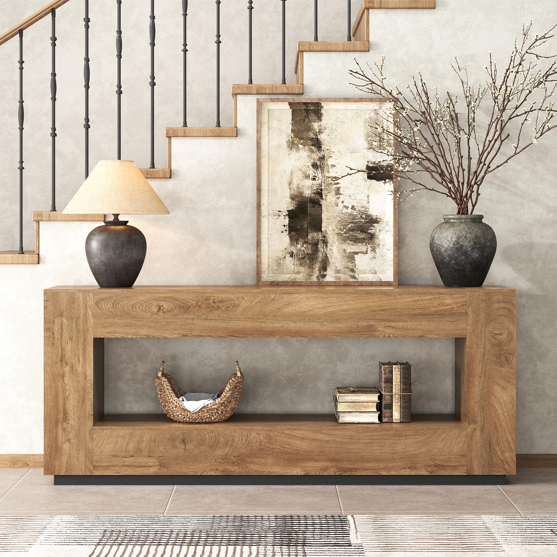 Epecoya 78 Inch Extra Long Console Table for Entryway, 2-Tier Wood Sofa Table Behind Couch with Storage Shelf, Farmhouse Entrance Table with Thickened Base for Living Room, Foyer, Hallway, Oak Brown