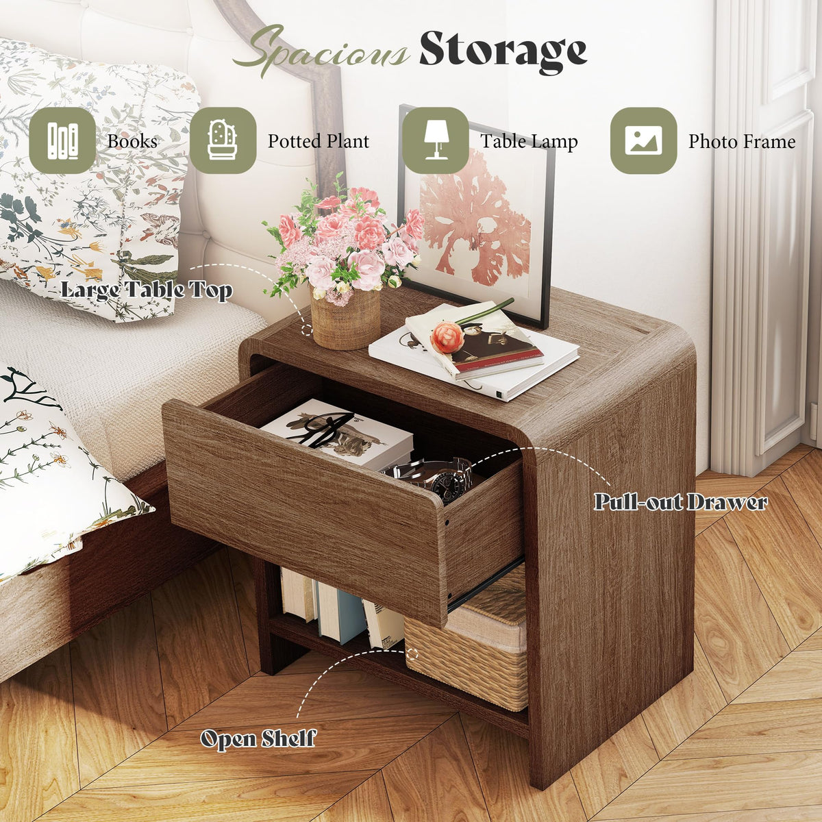 AMERLIFE Nightstands Set of 2 with Storage Drawer & Shelves, Walnut