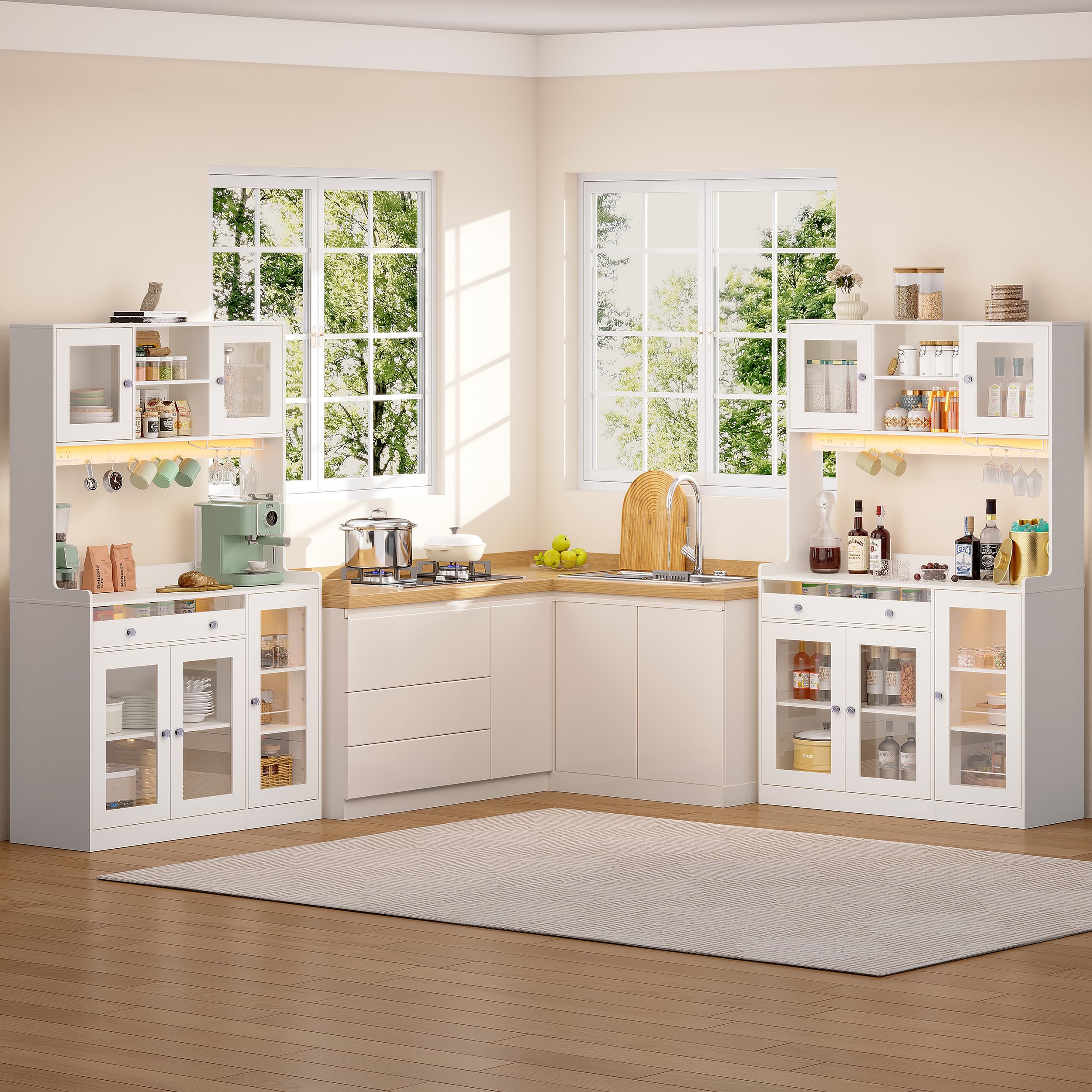 Korfile 71" Pantry Cabinet, Tall Kitchen Pantry Cabinet with Charging Station & LED Light, Kitchen Hutch with Wine Rack, Pantry Storage Cabinets with Microwave Stand for Dining Room, White