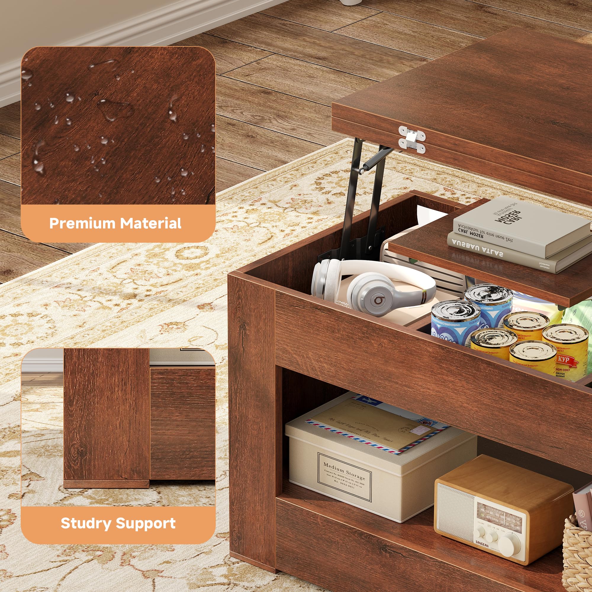 UNIQUITE 40" Lift Top Coffee Table, 4 in 1 Multi-Function Lift Coffee Tables with Storage and Hidden Compartment, Convertible Wood Coffee Tables to Dining Table for Living Room, Walnut