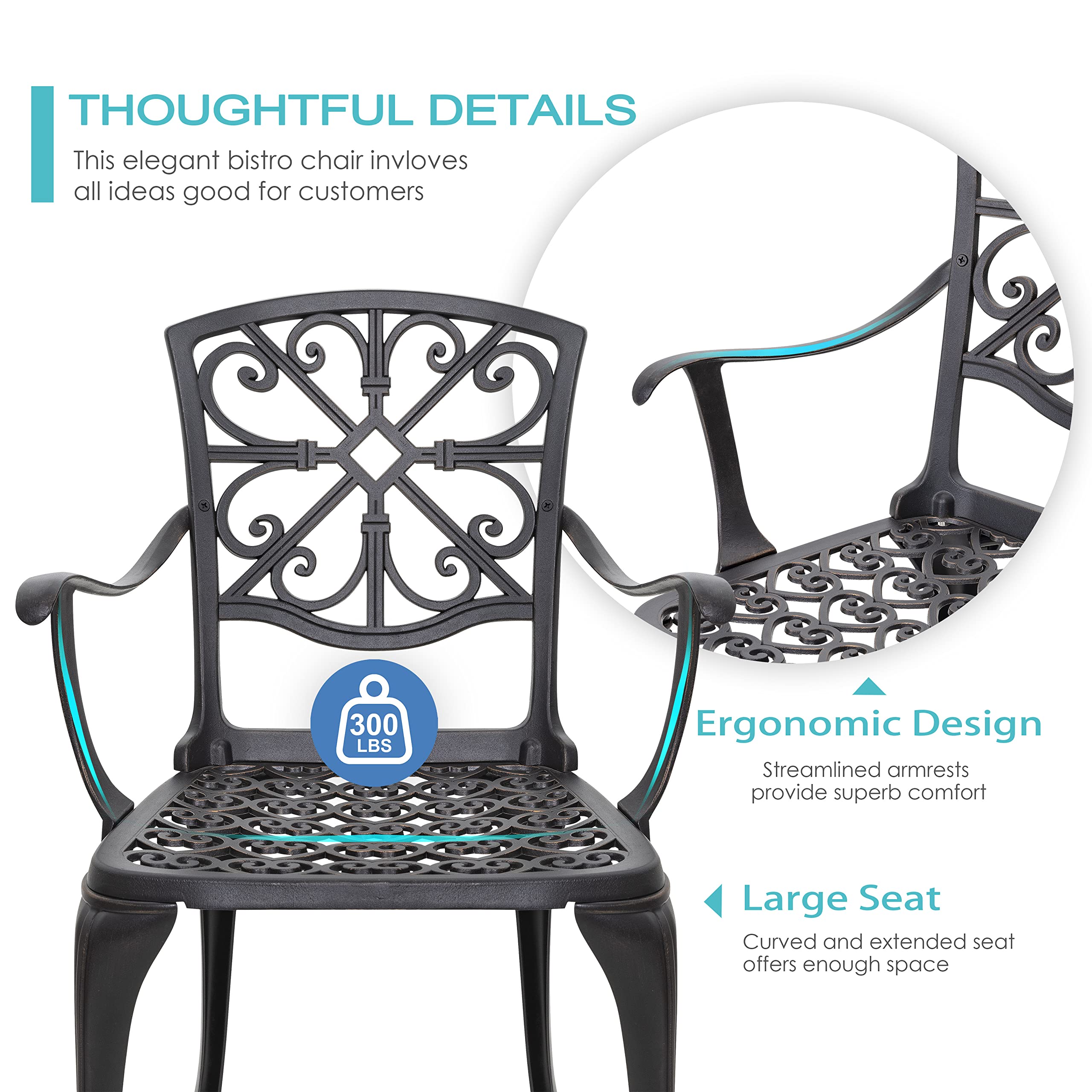 NUU GARDEN 3 Piece Outdoor Bistro Set Cast Aluminum Patio Set Bistro Table Set Rustproof Patio Table and Chairs with Umbrella Hole for Backyard, Balcony, Front Porch, Black