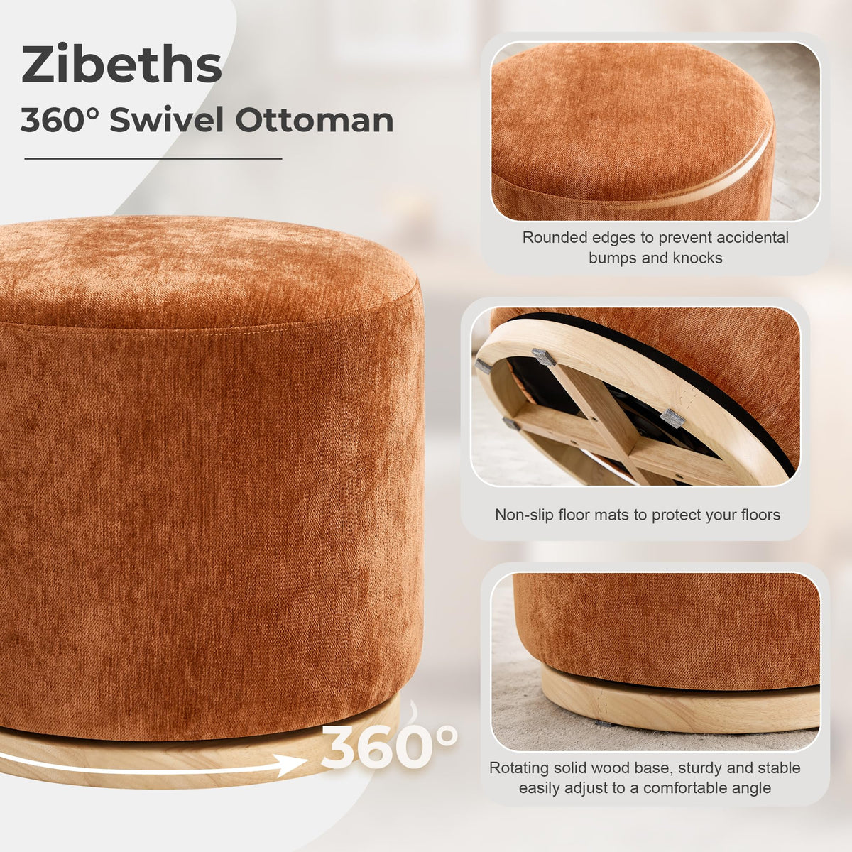 Zibeths Swivel Round Ottoman Set of 2, Burnt Orange Chenille Footstool