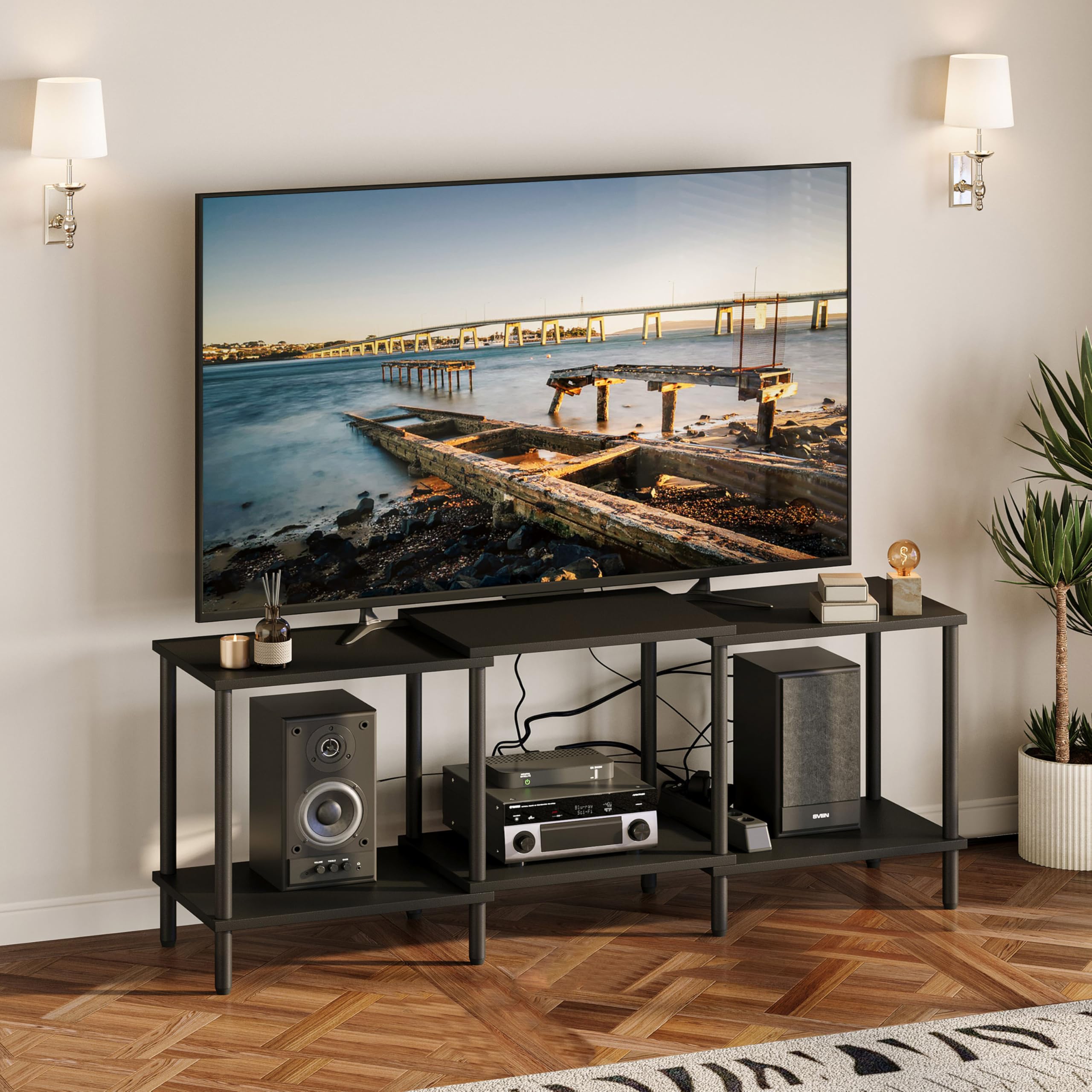 YAUKTAK TV Stand, Entertainment Center, Industrial TV Media Console Table with Open Storage Shelves, 2 Tier TV Cabinet for Living Room, Bedroom LTS107BK