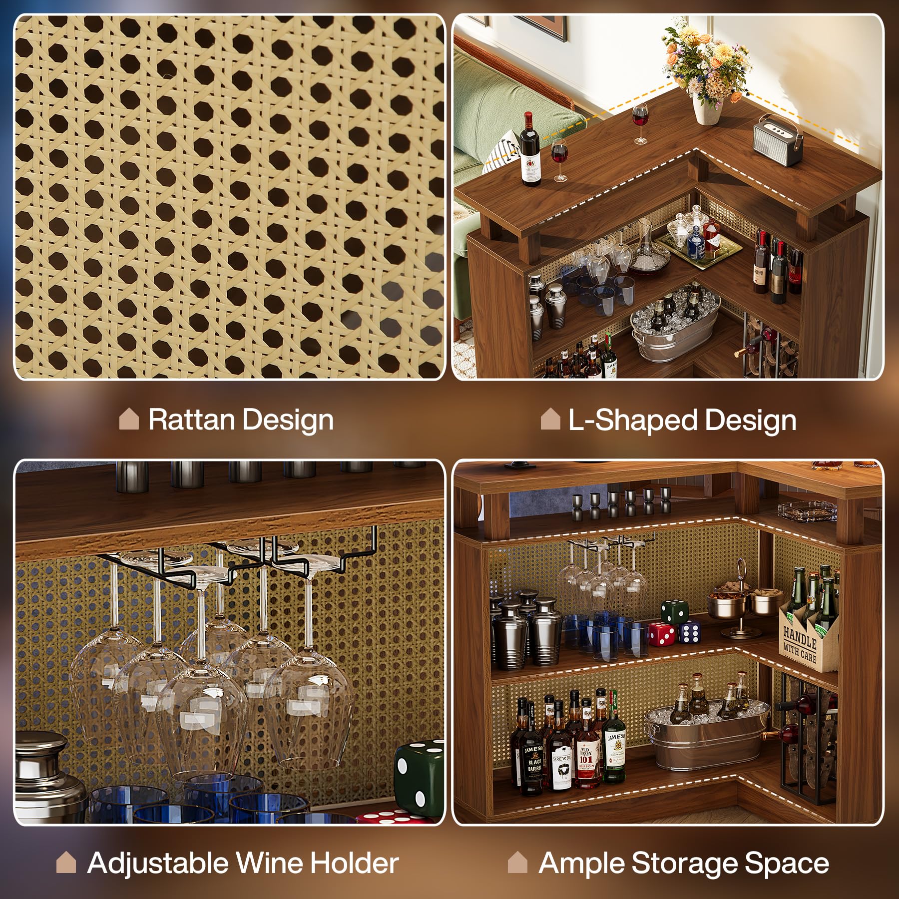 Tribesigns L Shaped Bar Table with 4-Tier Storage Shelf, Rattan Home Bar Unit with 2 Stemware Racks and Heightened Base, Corner Mini Coffee Liquor Cabinet for Home/Kitchen/Pub, Brown