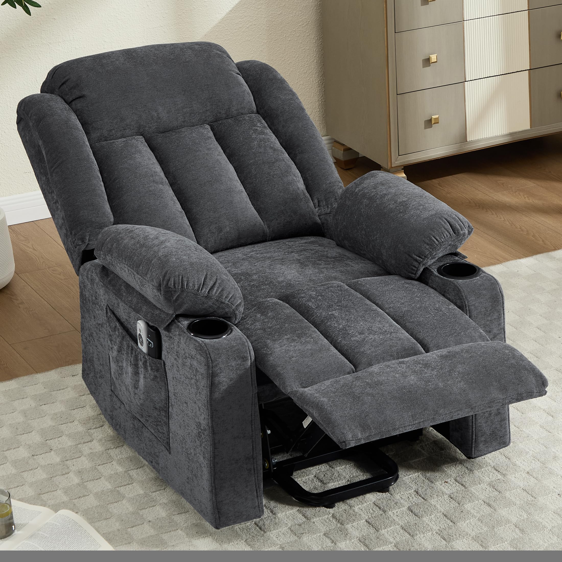 Sftaiyou Power Lift Recliner for Elderly,Electric Recliner Chair with Massage & Heating for Adults, USB Charging, Cup Holders, Side Pocket, Living Room Sofa L1288 (Dark Grey)