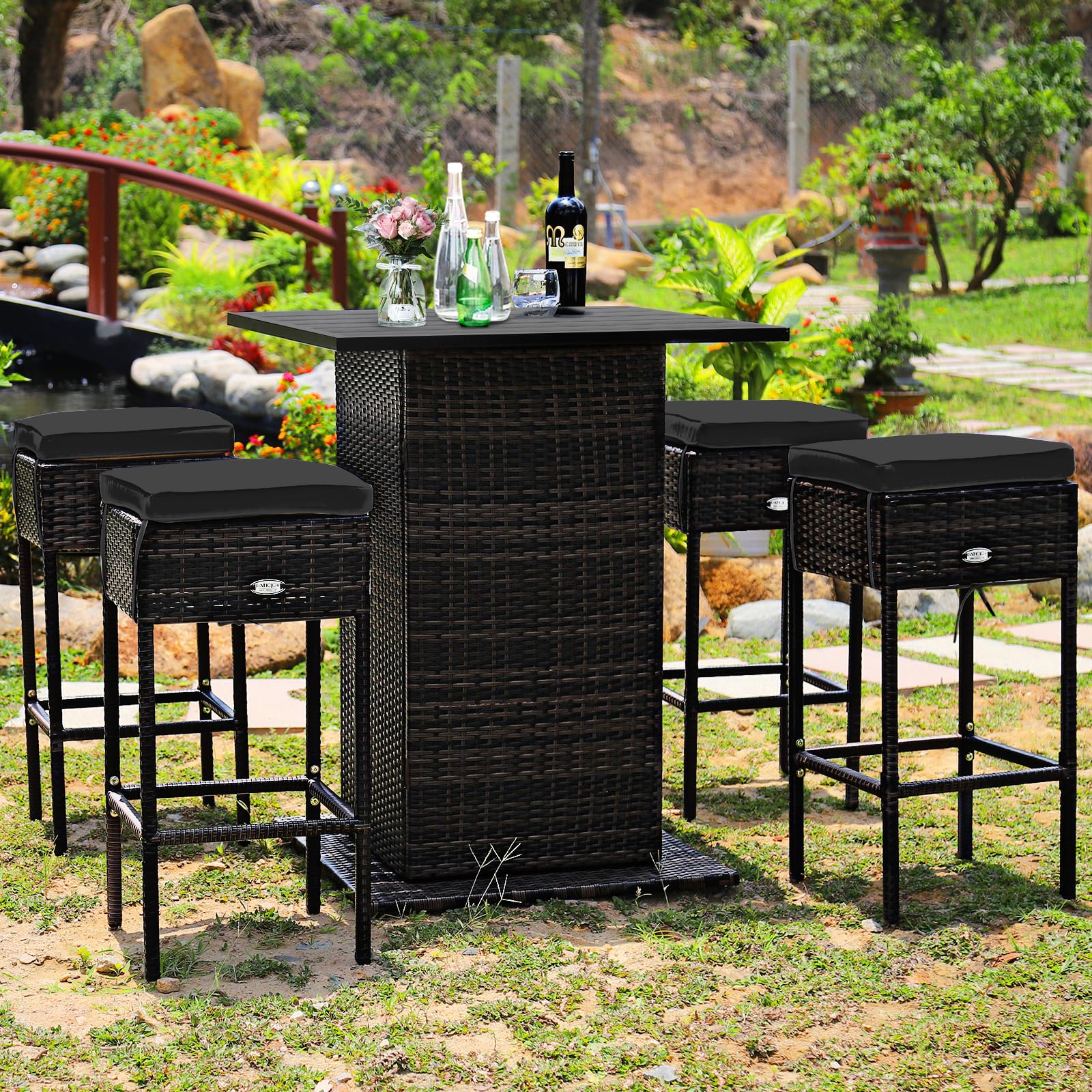 RELAX4LIFE 5-Piece Outdoor Bar Set, Wicker Rattan Bar Height Patio Set w/4 Cushion Bar Stools & Table with Hidden Storage, 5PCS Outdoor High Top Table and Chairs Set for Backyard Poolside (Black)