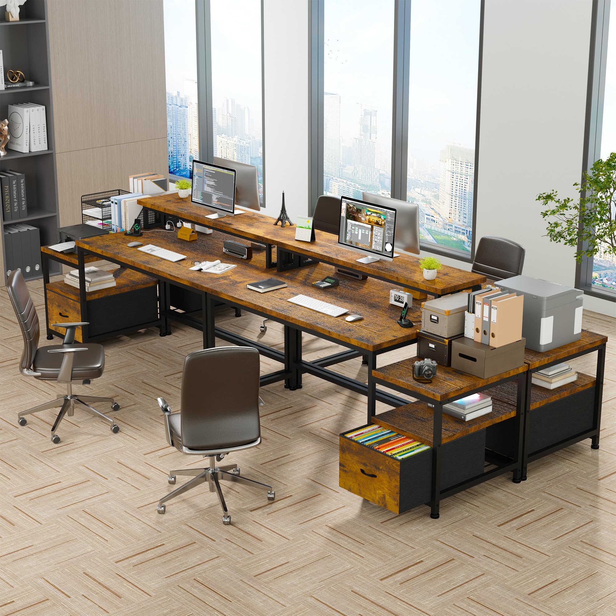 EnHomee 56.5" Office Desk with Drawers and Printer Space,Computer Desk with Power Outlets,Home Office Desks with File Drawers Cabinet,Study and Gaming Desk with Shelves Monitor Stand,Rustic Brown