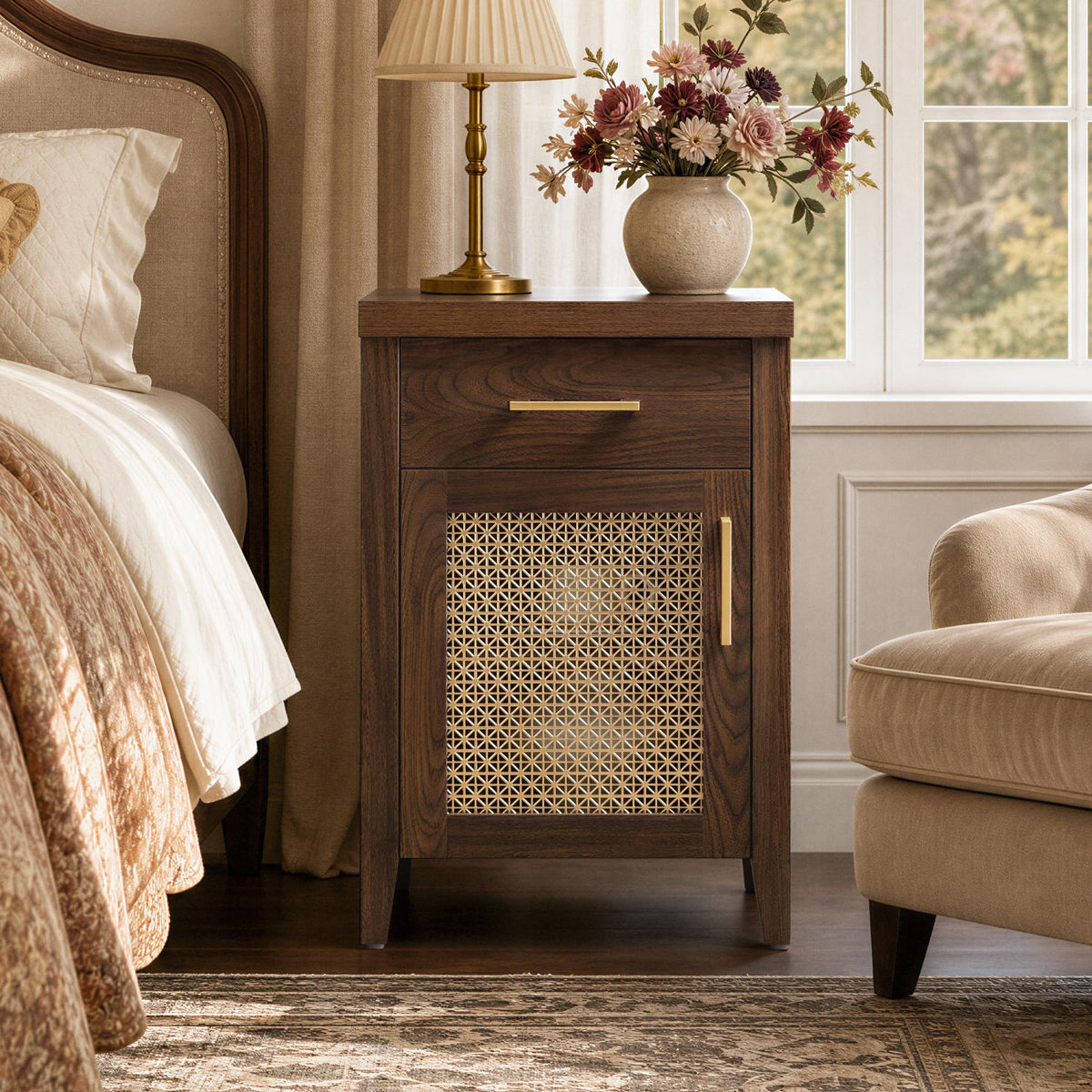 Walnut Nightstands with Drawer, Set of 2