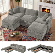 WorthFurni Modular Sectional Sofa with Storage Ottomans,103" U-Shaped Cloud Couch,Comfy Modern Couches with Pillows & Upholstered Deep Seat Cushion for Apartment Living Room Bedroom（Gray）