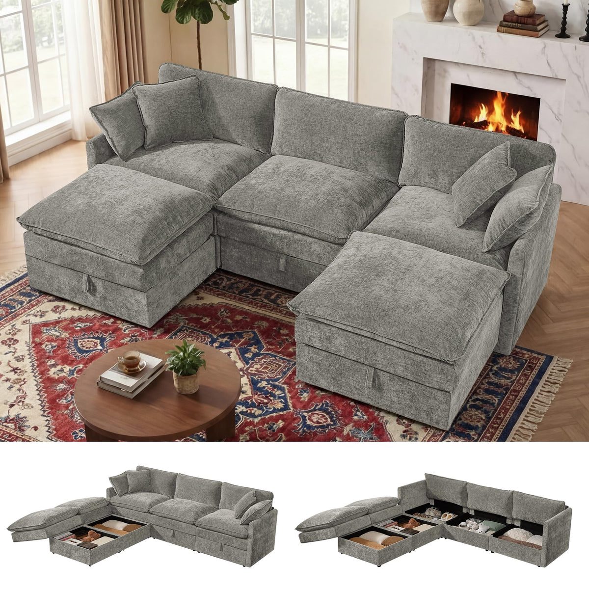 WorthFurni Modular Sectional Sofa with Storage Ottomans,103" U-Shaped Cloud Couch,Comfy Modern Couches with Pillows & Upholstered Deep Seat Cushion for Apartment Living Room Bedroom（Gray）