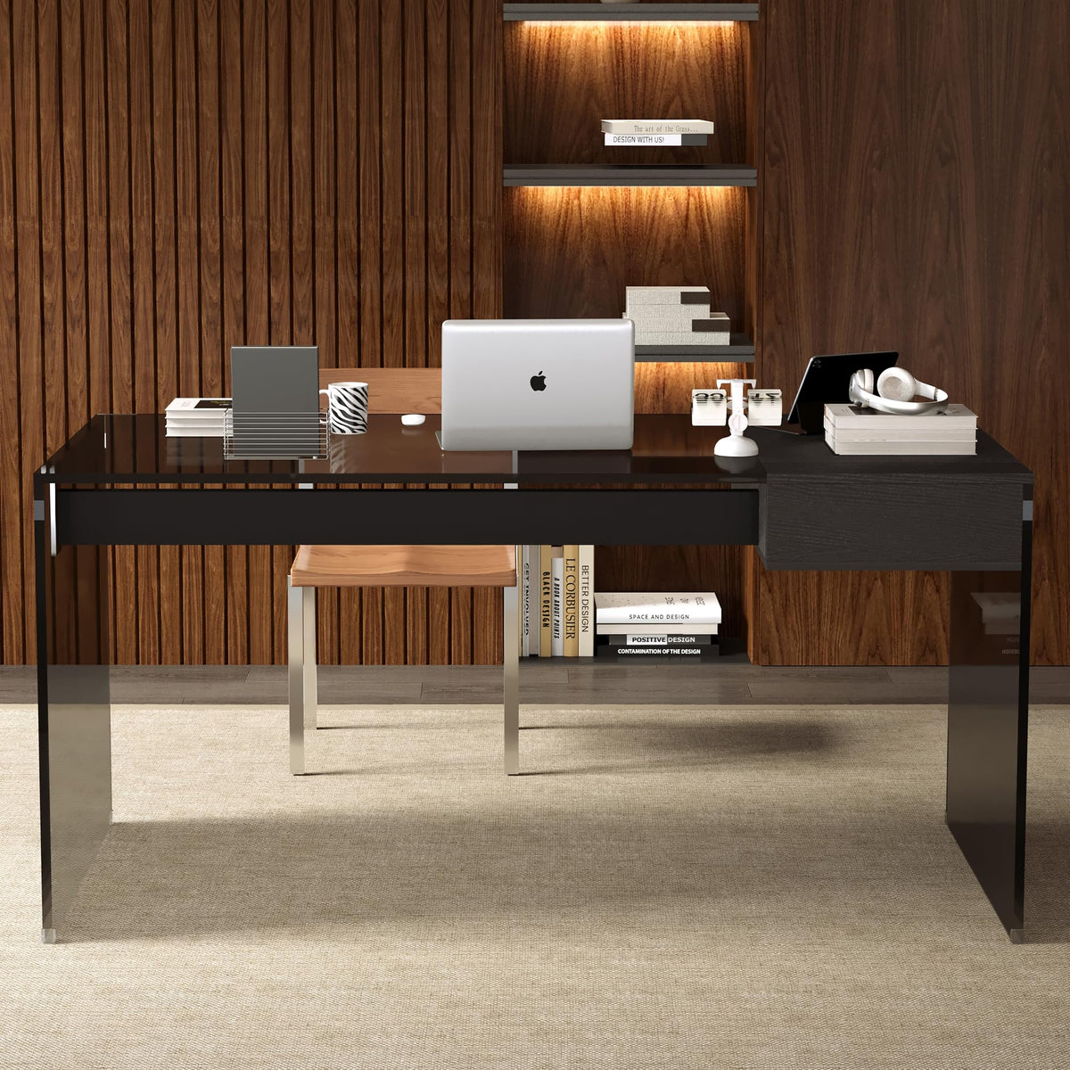Black Glass Desk with Drawer
