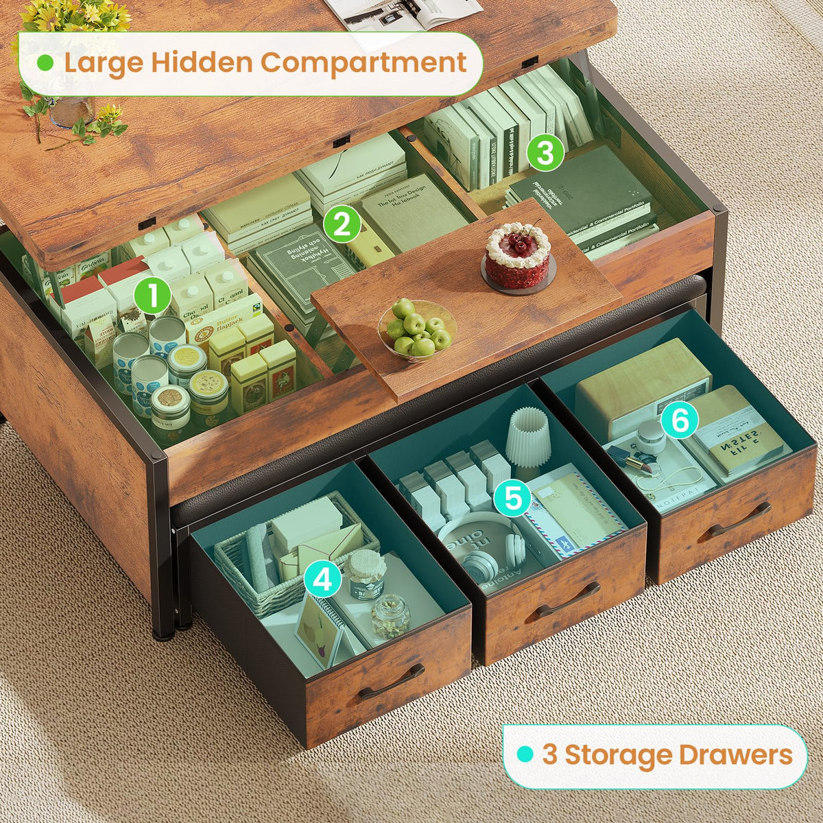 Itaar Lift Top Coffee Table Set, 43'' Multi-Function Coffee Table with Storage Drawers and Hidden Compartment, Center Table with Ottoman Bench for Living Room, Rustic Brown