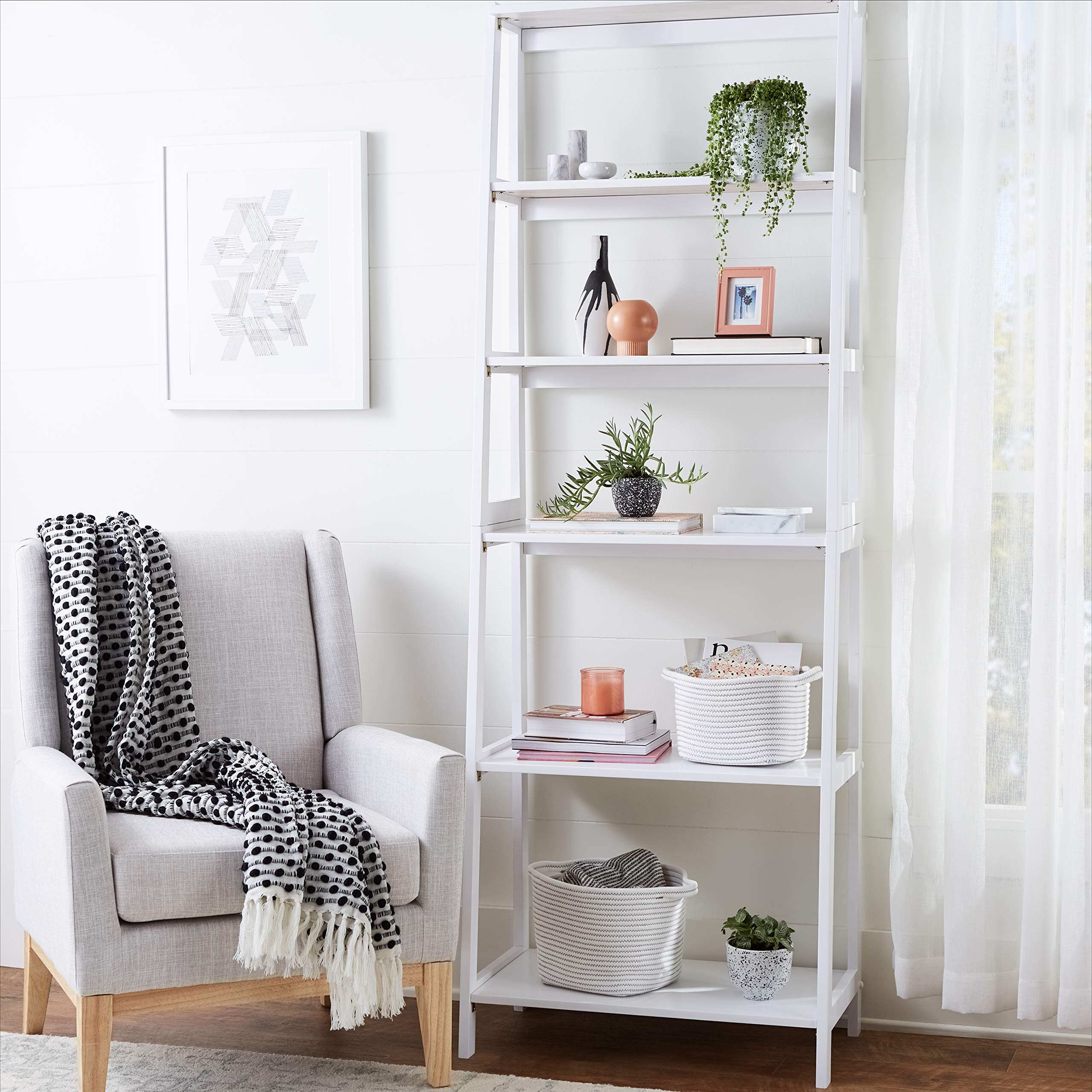 5-Tier Ladder Bookshelf, Rubberwood, White