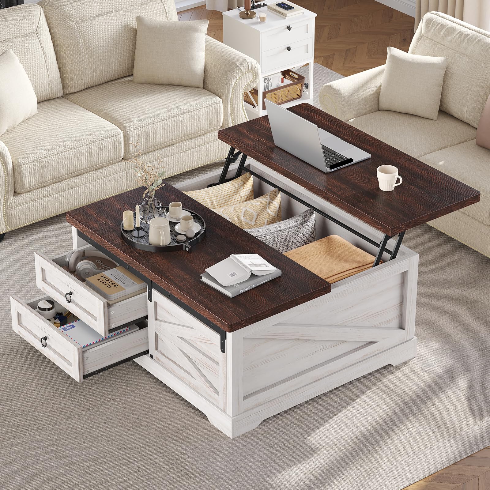 Itaar 39.4'' Lift Top Coffee Table with Storage, Farmhouse Coffee Tables for Living Room, Square Coffee Table with Large Hidden Compartment & 2 Drawers & Adjustable Shelves, Vintage White+Walnut