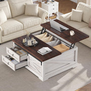 Itaar 39.4'' Lift Top Coffee Table with Storage, Farmhouse Coffee Tables for Living Room, Square Coffee Table with Large Hidden Compartment & 2 Drawers & Adjustable Shelves, Vintage White+Walnut