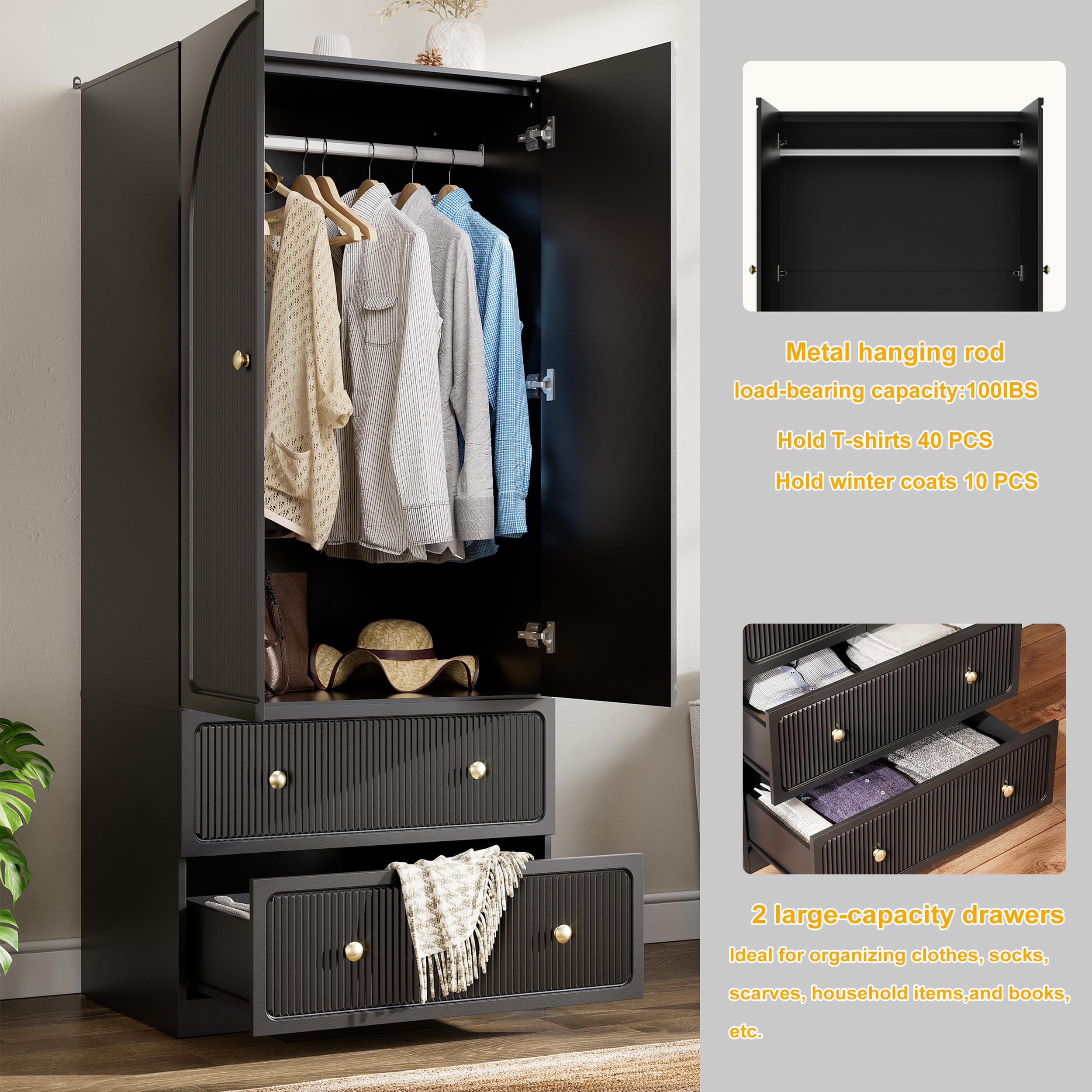 2-Door Wardrobe with Drawers & Hanging Rod