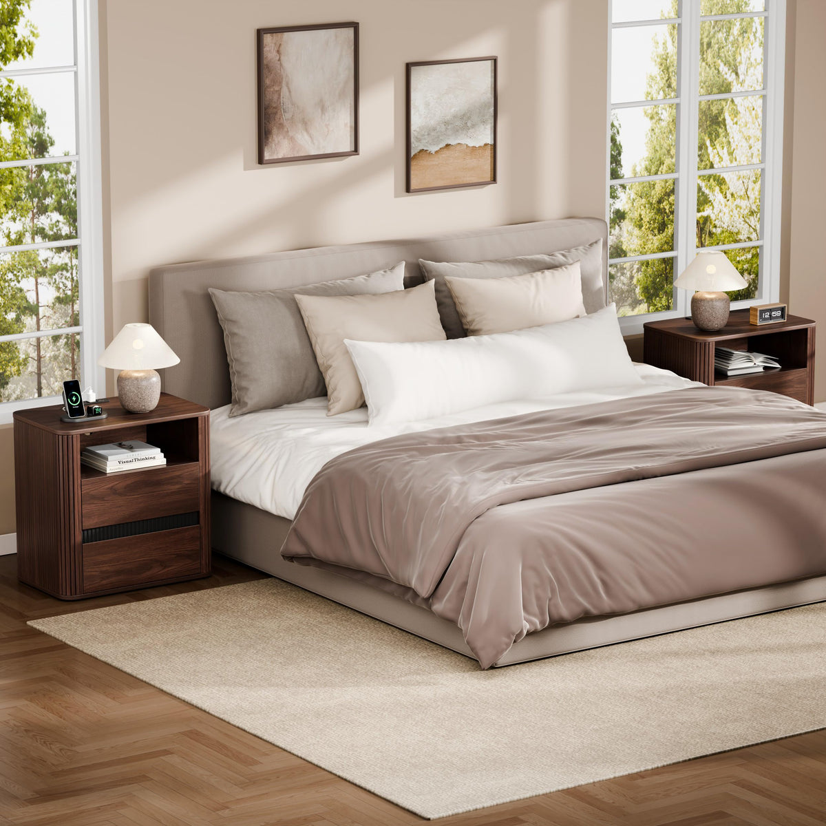 Furnulem Walnut Night Stand with Charging Station, Modern Fluted Nightstand