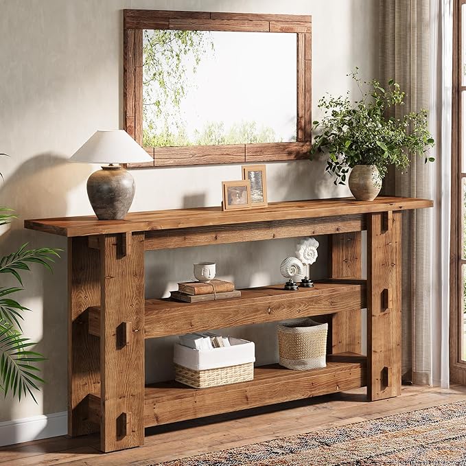 Solid Wood Console Table with Storage Shelves