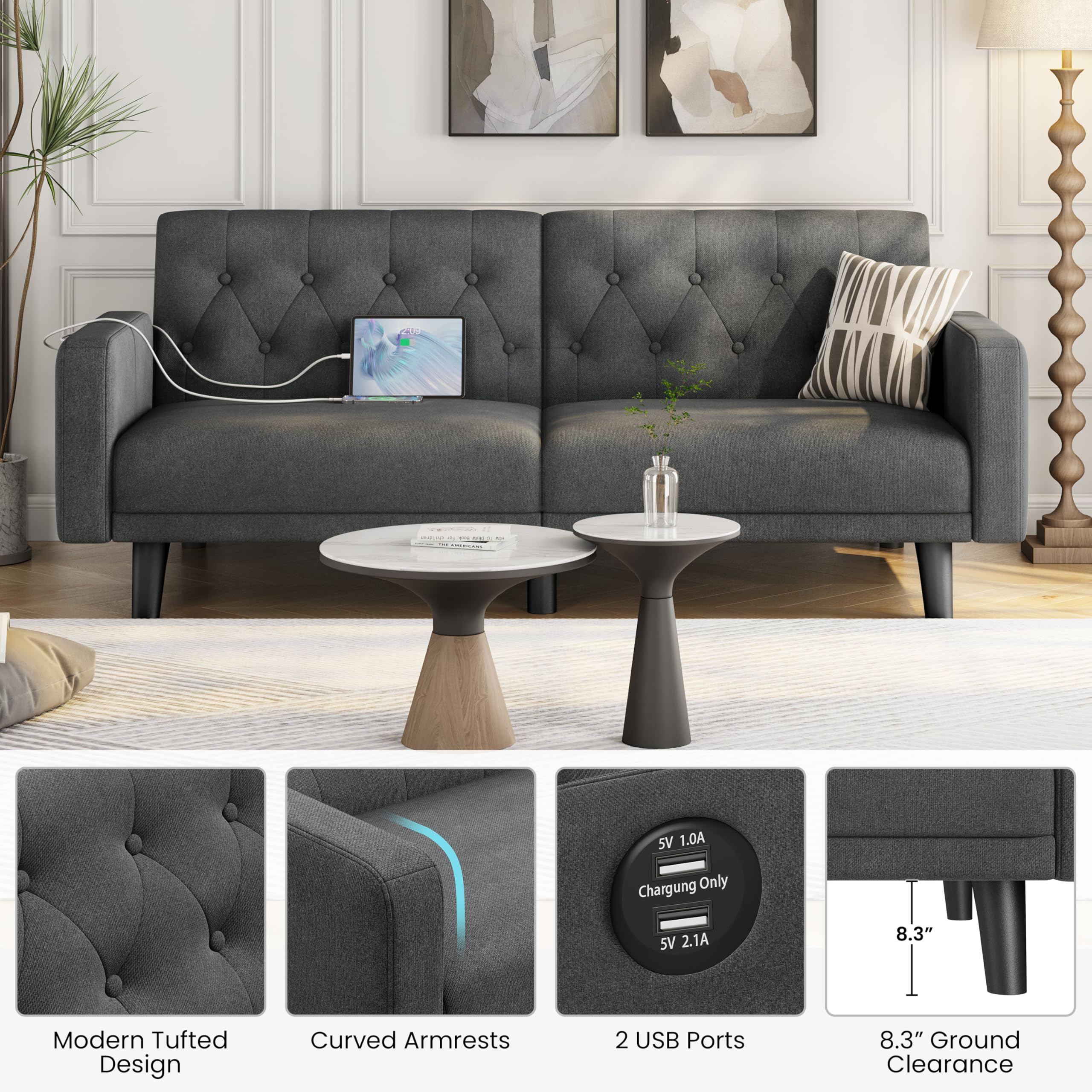 63" Convertible Futon Sofa Bed with USB Ports