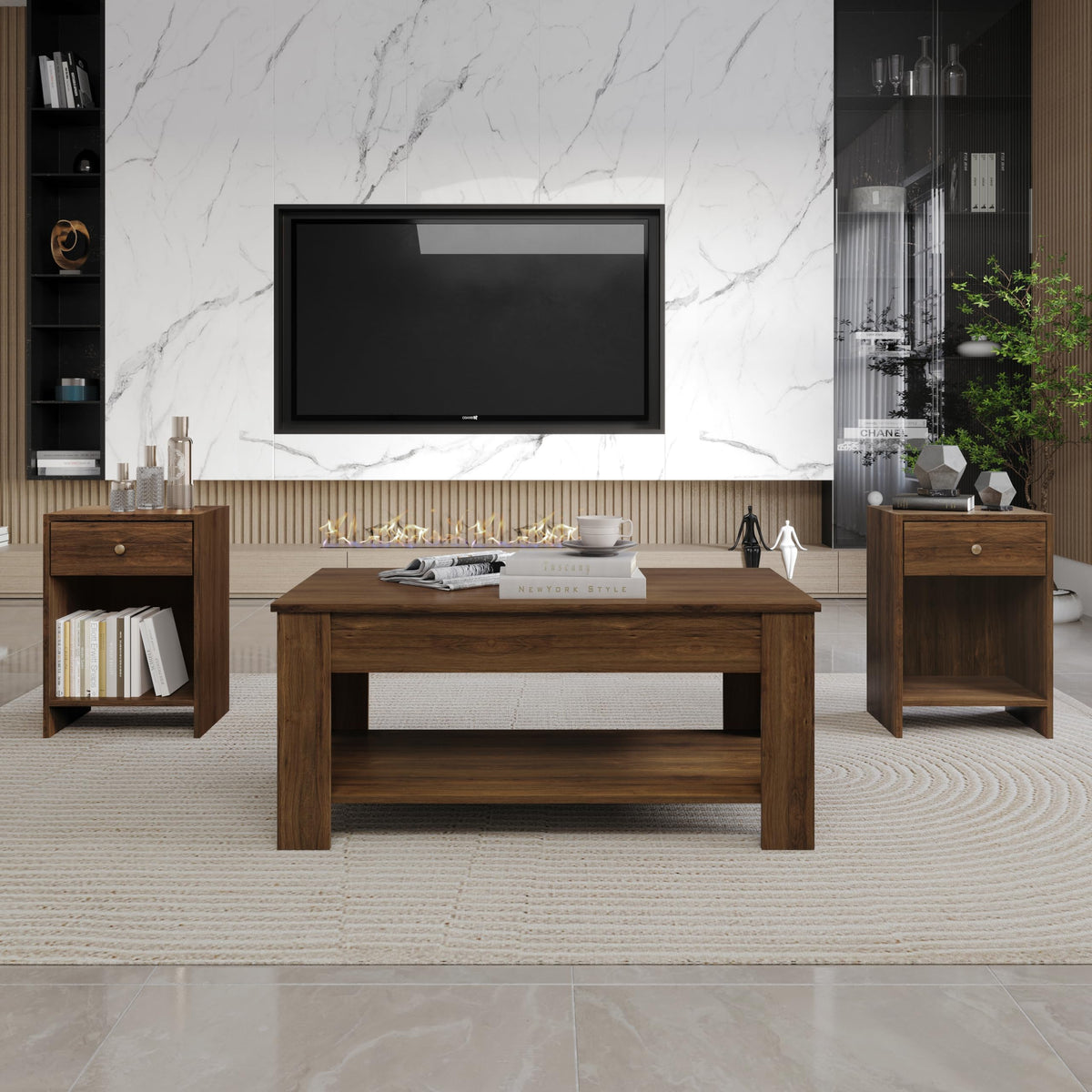 HOME DESIGN Magnolia 3-Piece Lift-Top Coffee Table Set, Brown