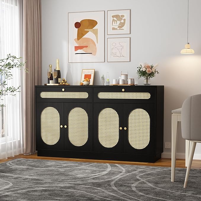 60" Rattan Buffet Sideboard Cabinet with Drawers & Wave Doors