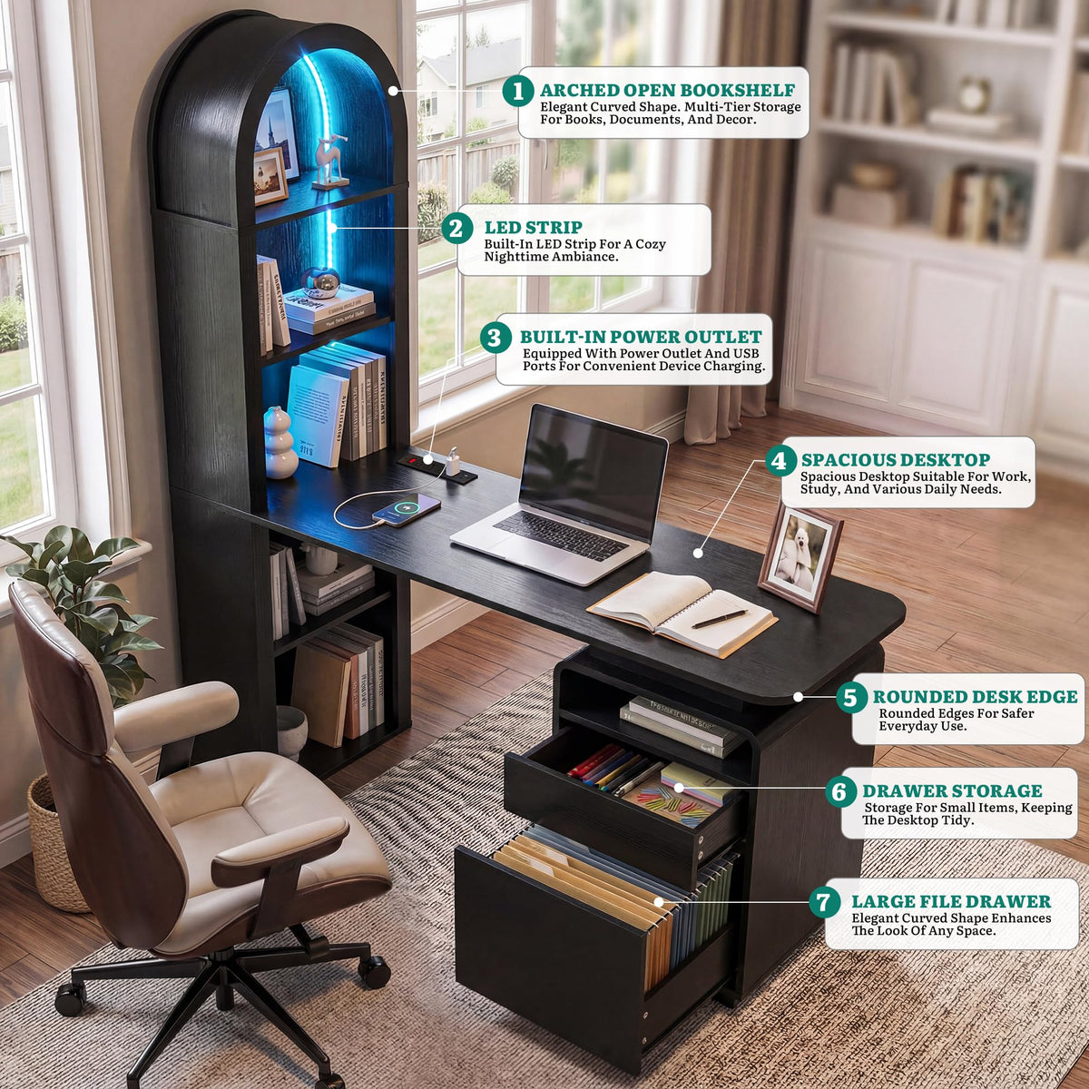 LED Computer Desk with Bookshelf