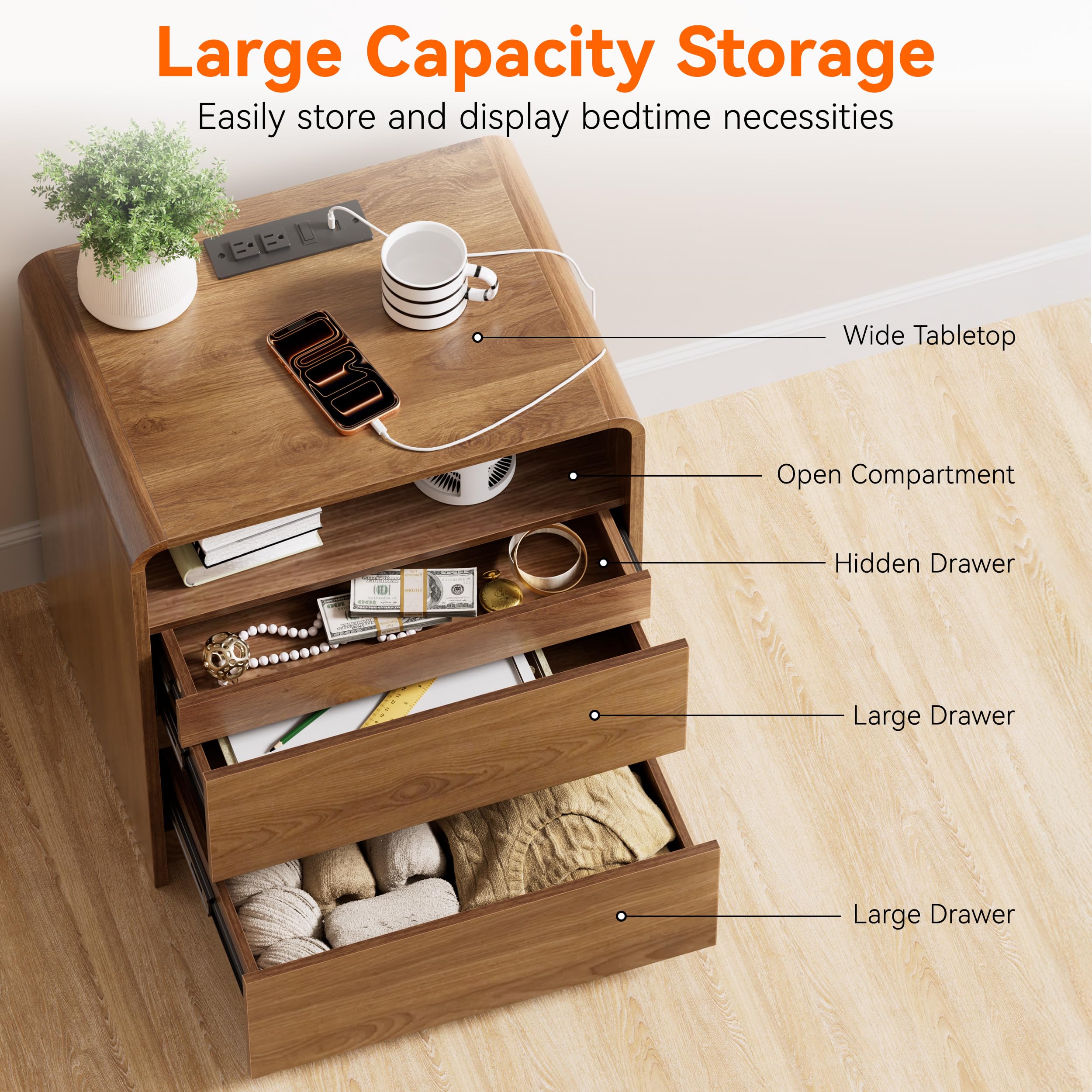 Walnut Nightstand Set of 2 with Hidden Drawers & Charging Station