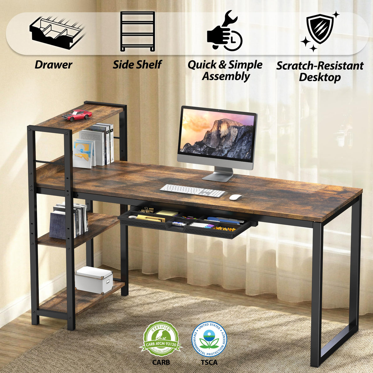 SHW 46-Inch Home Office Computer Desk w/Side Shelf & Drawer, Rustic Brown