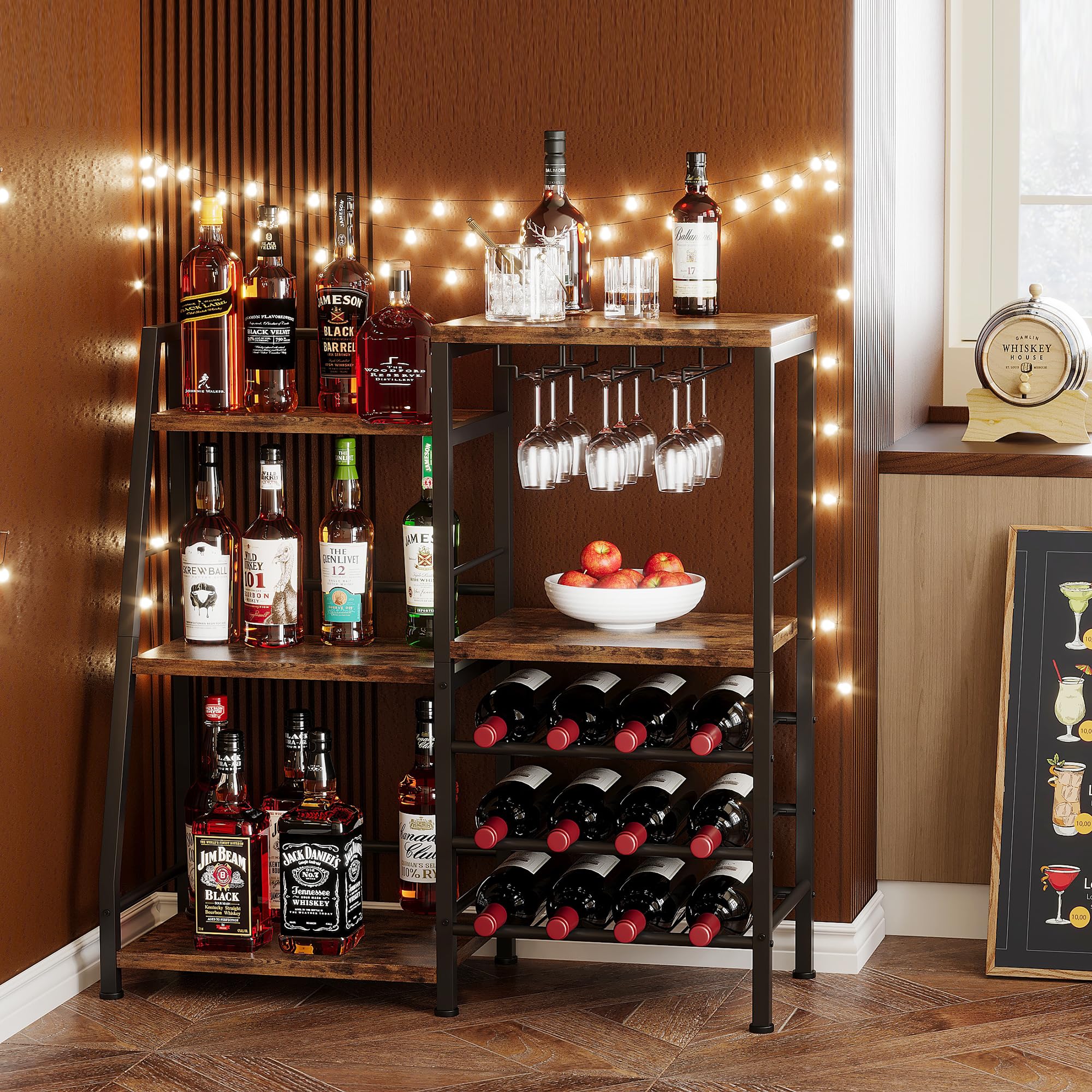 3-Tier Bar Cabinet with Wine Rack & Glass Holder