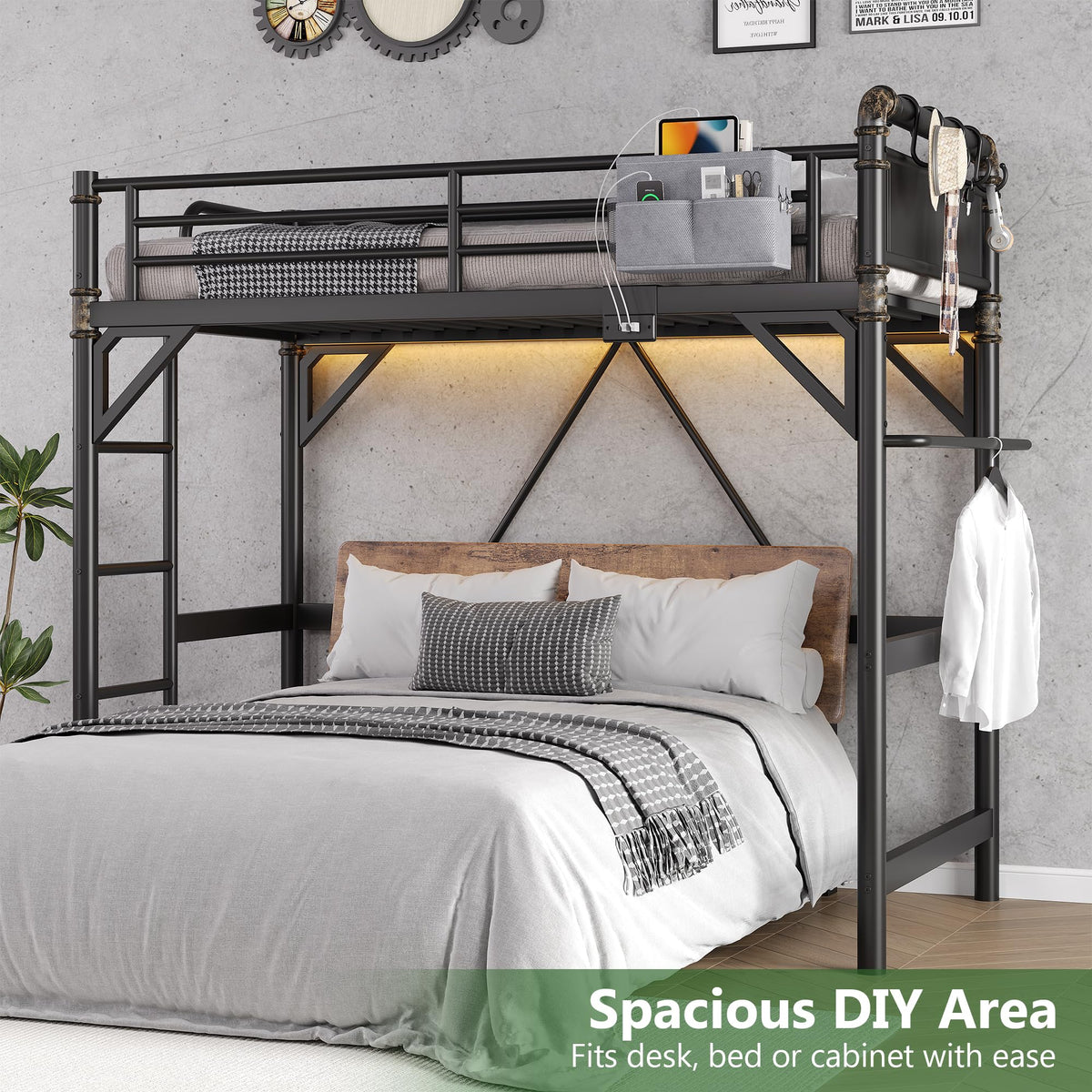 Twin Metal Loft Bed with LED Lights & Charging