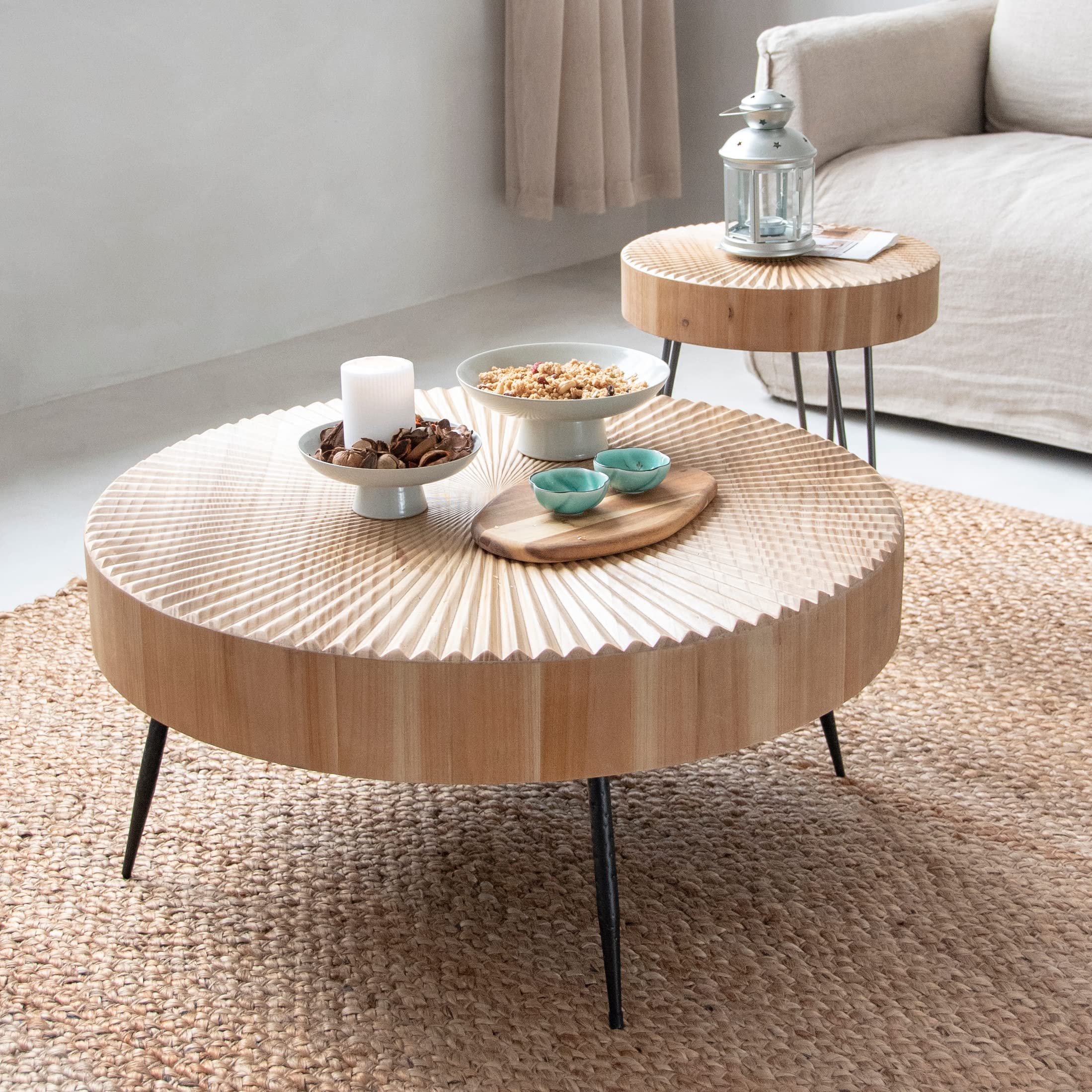 Round Farmhouse Nesting Coffee Table Set – 2-Piece, Wood Radial Pattern