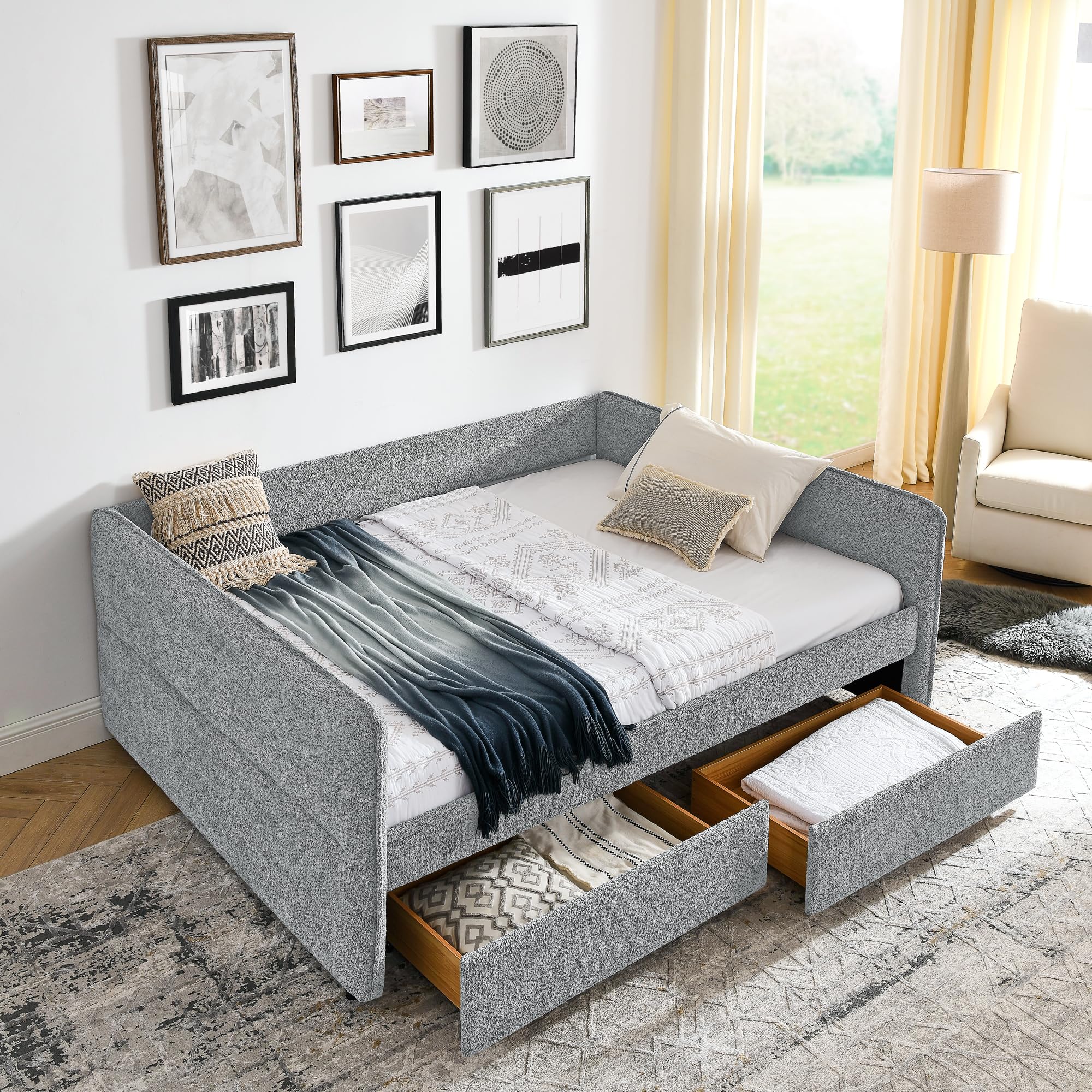 Ball & Cast Queen Size Daybed with Storage Drawers, Upholstered Day Bed Frame with Wood Slats Supports, No Box Spring Needed,Easy Assembly,Boucle Fabric,Grey