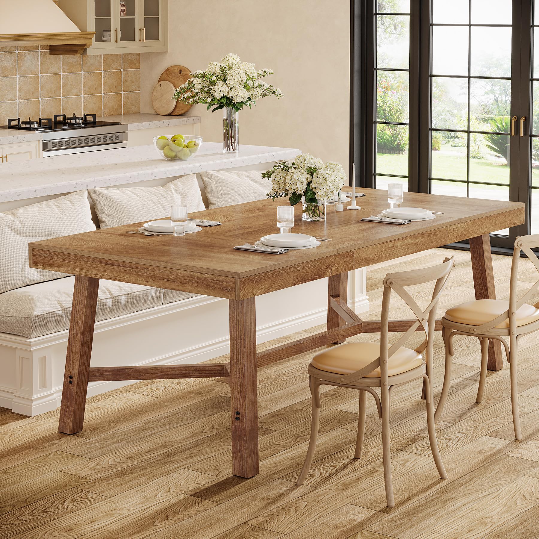 Tribesigns 70.9-Inch Dining Table for 6-8, Large Farmhouse Kitchen Table with Reinforced Metal Legs for Kitchen & Dining & Living Room, Natural