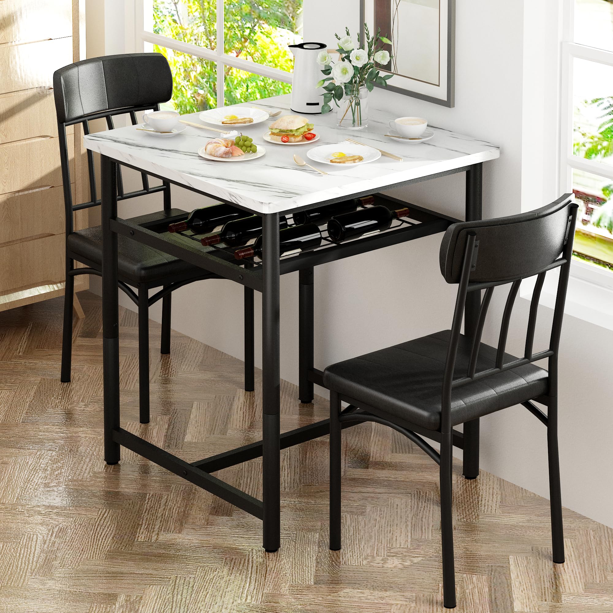 AWQM Square Dining Table Set for 2, Faux Marble Compact Bistro Table with Upholstered Chairs, Space Saving Kitchen Breakfast Nook, Built-in Storage Rack 3-Piece Modern Dining Set for Kitchen & Dining
