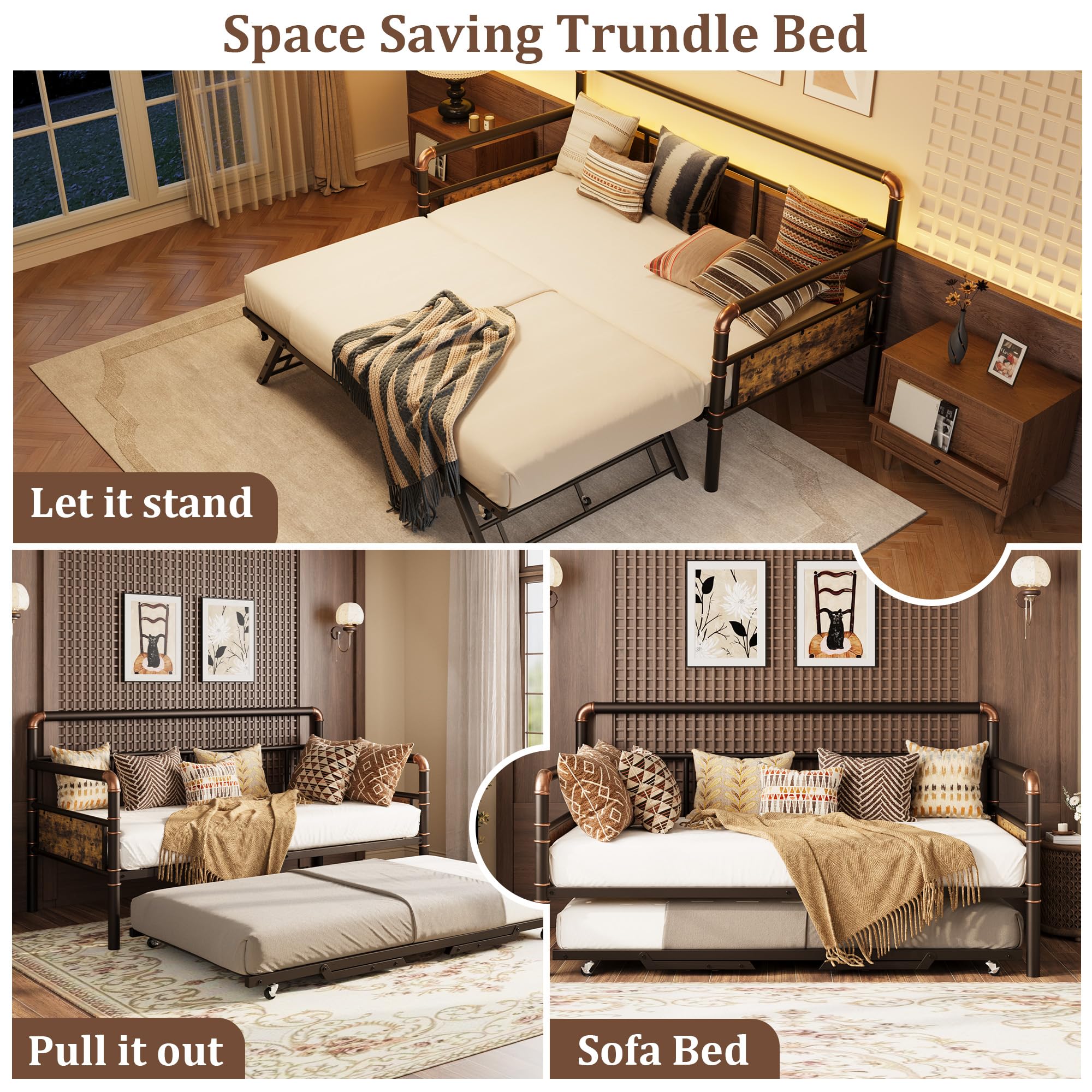 GarveeHome Daybed with Trundle, Twin Daybed with Pop Up Trundle Set, Metal Twin Bed Frame with Steel Slat Support, Sofa BedFrame for Kids/Teens/Adults, Easy Assembly, Brown