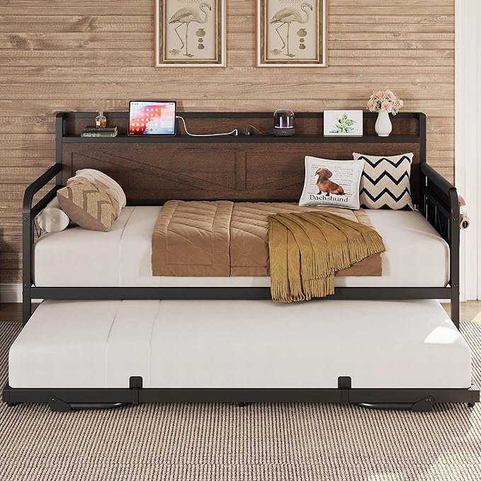 Twin Daybed with Pop-Up Trundle & Storage Headboard