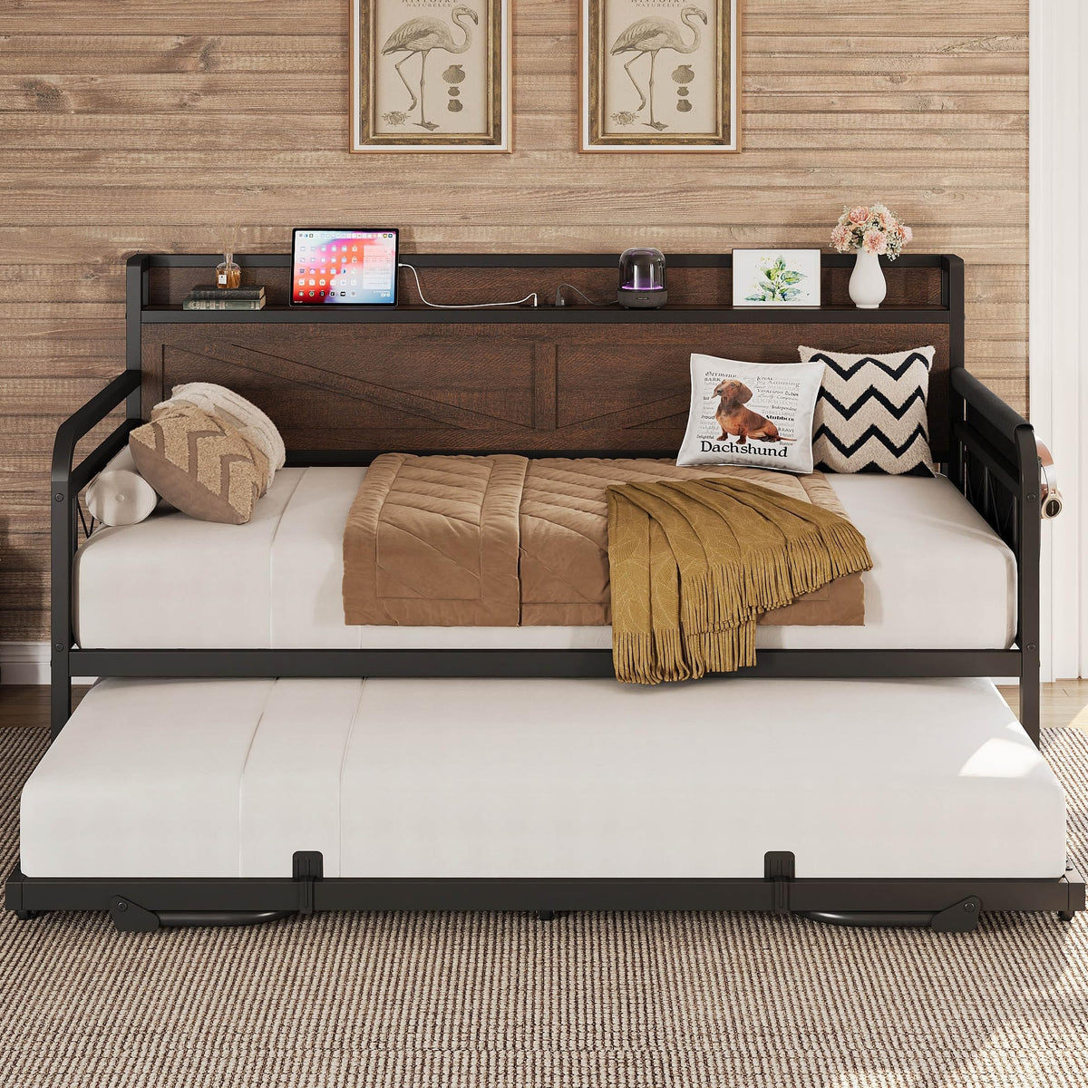 LIKIMIO Twin Daybed with Pop Up Trundle & Charging Station & Storage Shelf