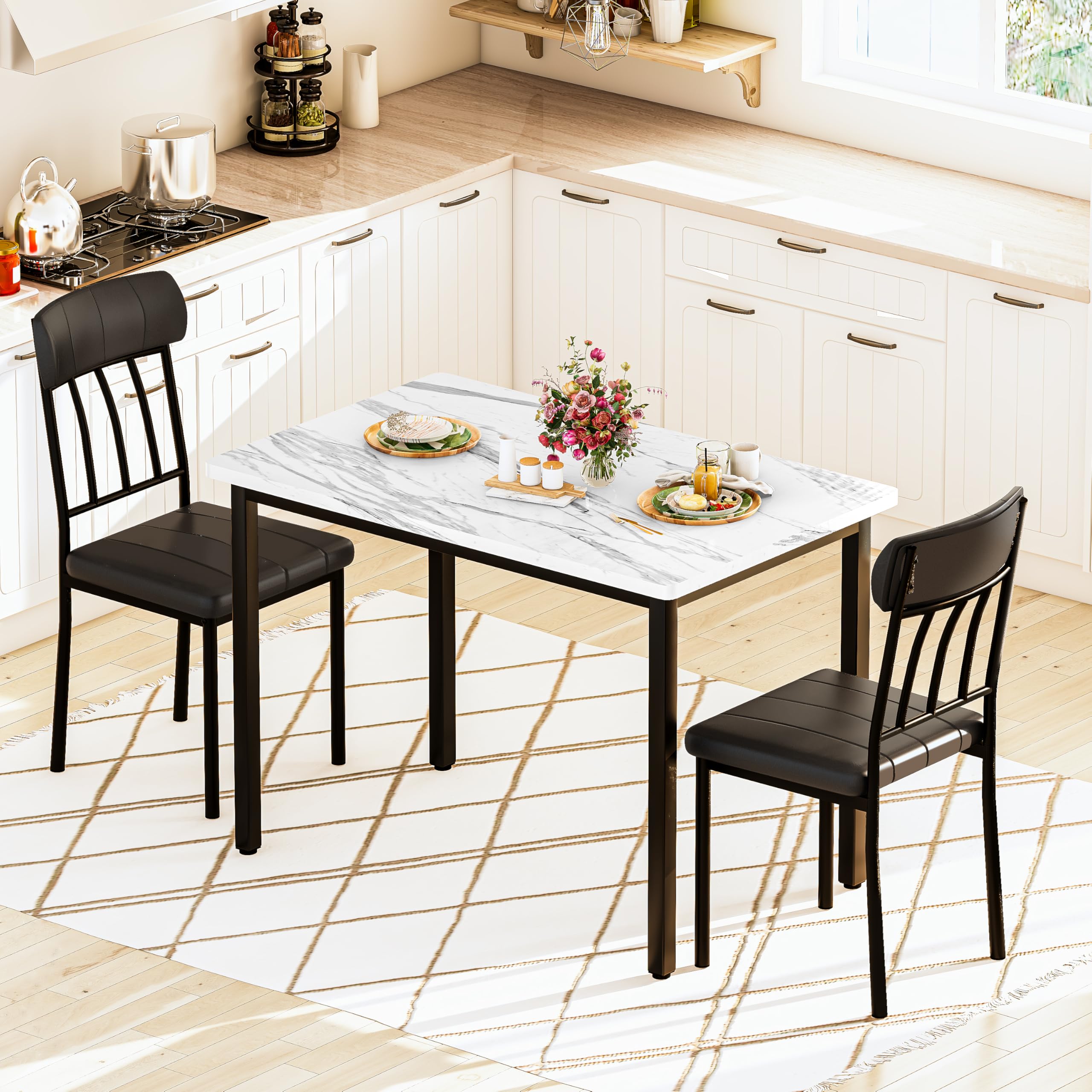 AWQM 3 Piece Dining Table Set for 2, Small Industrial Kitchen Table and 2 Chairs, Breakfast Dining Table Set, Kitchen Table Set for Dining Room, Living Room, Apartment, Small Space, White Black