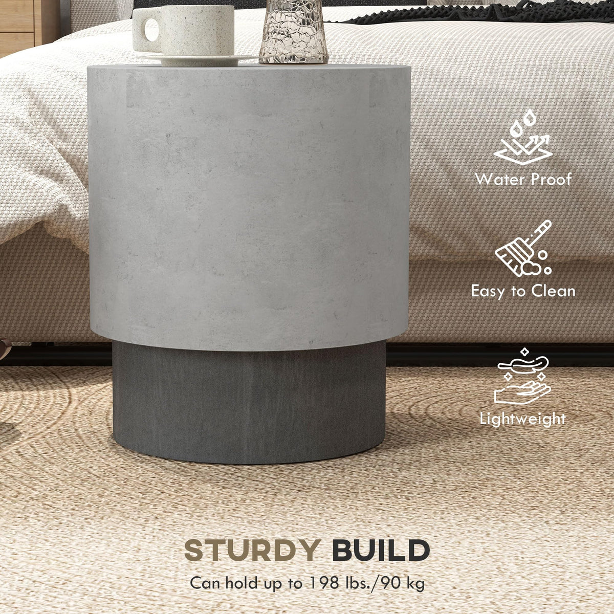 HOMCOM Concrete Finish End Table Round Outdoor Side Table Gray