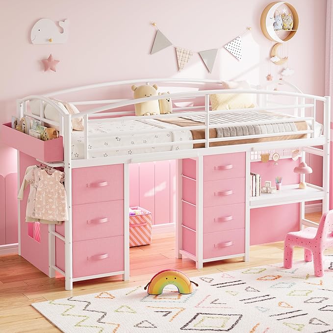 Kids Twin Low Loft Bed with Storage Drawers, Desk & LED Lights