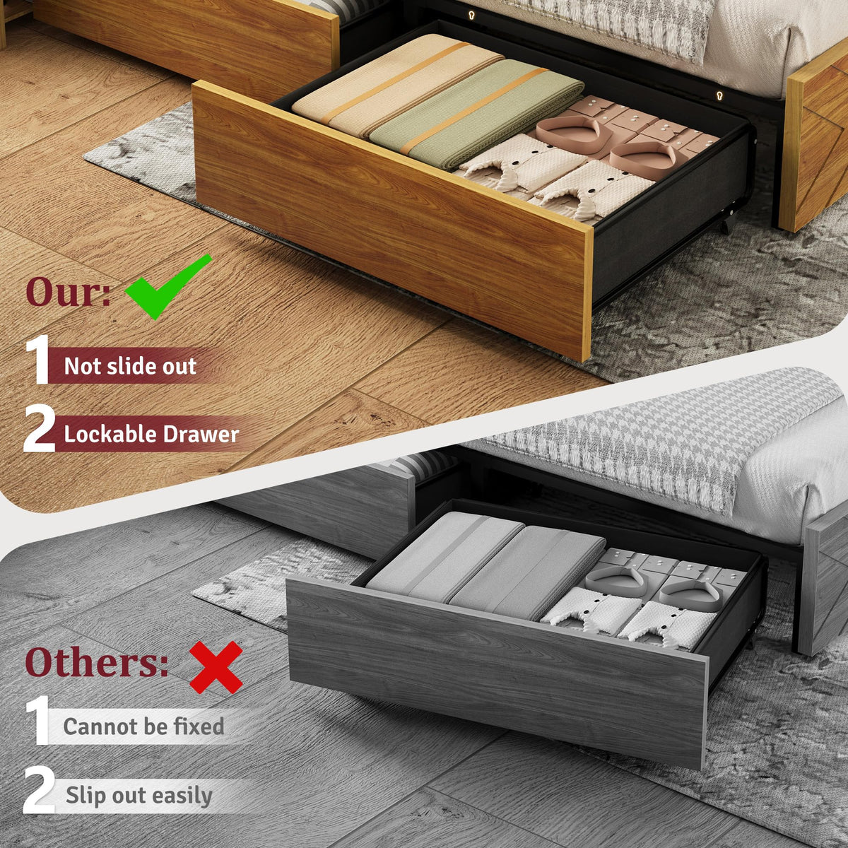 Uteeran King Size Bed Frame with Bedside Storage & 4 Drawers, Brown