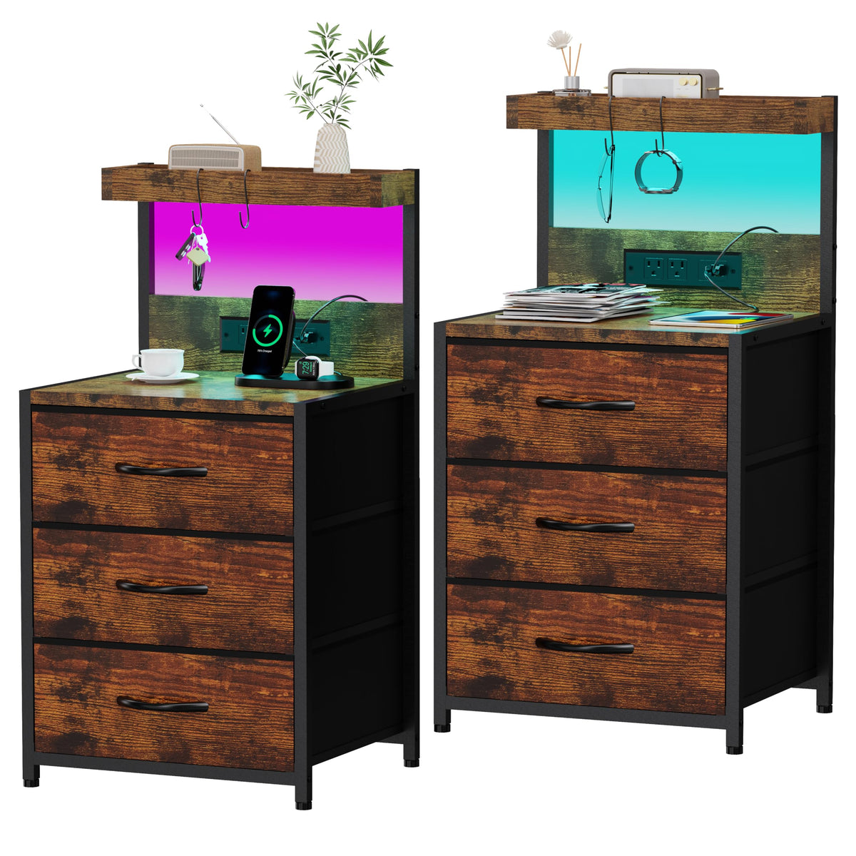 SZLHANJZ Nightstands Set of 2, LED Light and Charging Station, 3 Drawers