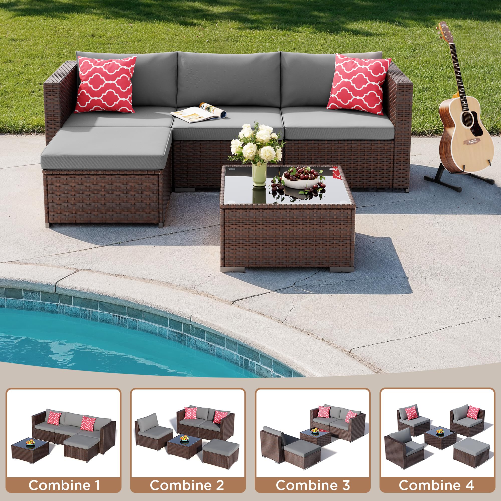 5-Piece Outdoor Wicker Sectional Set with Cushions & Glass Table