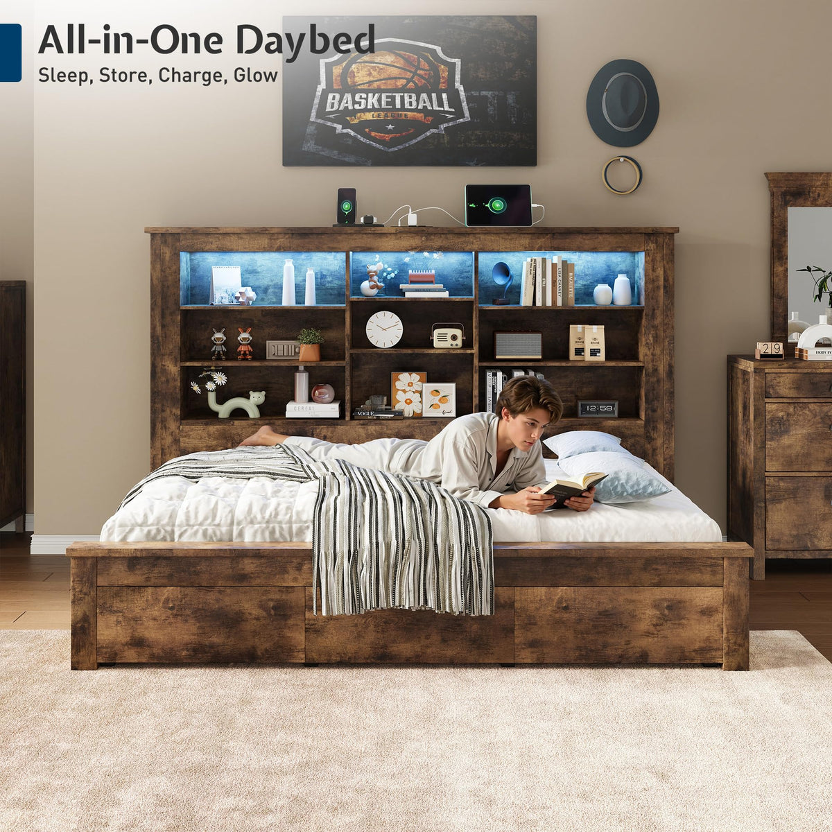 Jocisland Twin Bed Frame Bookcase Headboard, USB/LED＆3 Drawers, Rustic Oak