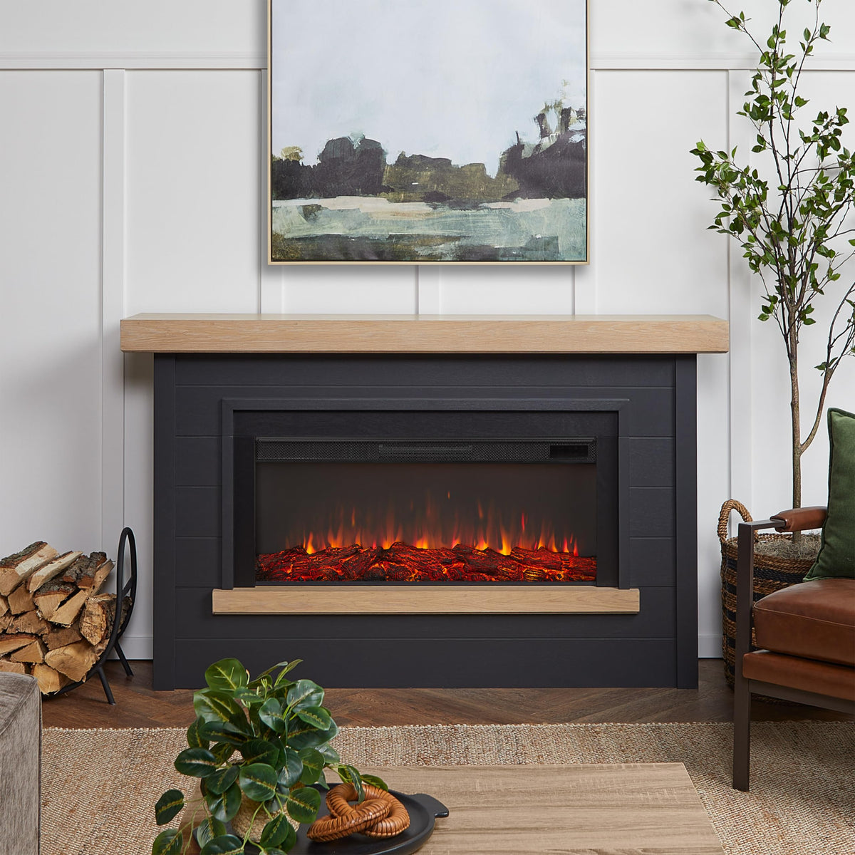 Real Flame Bernice 67" Landscape Electric Fireplace with Mantel for Living Room or Bedroom, Replaceable Fireplace Insert Heater, Realistic Log and Flame Effect, Remote Control (Charcoal)