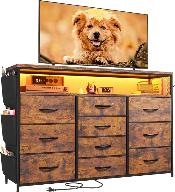 10-Drawer Dresser & TV Stand with LED Lights & Power Outlets