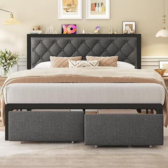 Metal Bed Frame with Storage Drawers & Charging Station