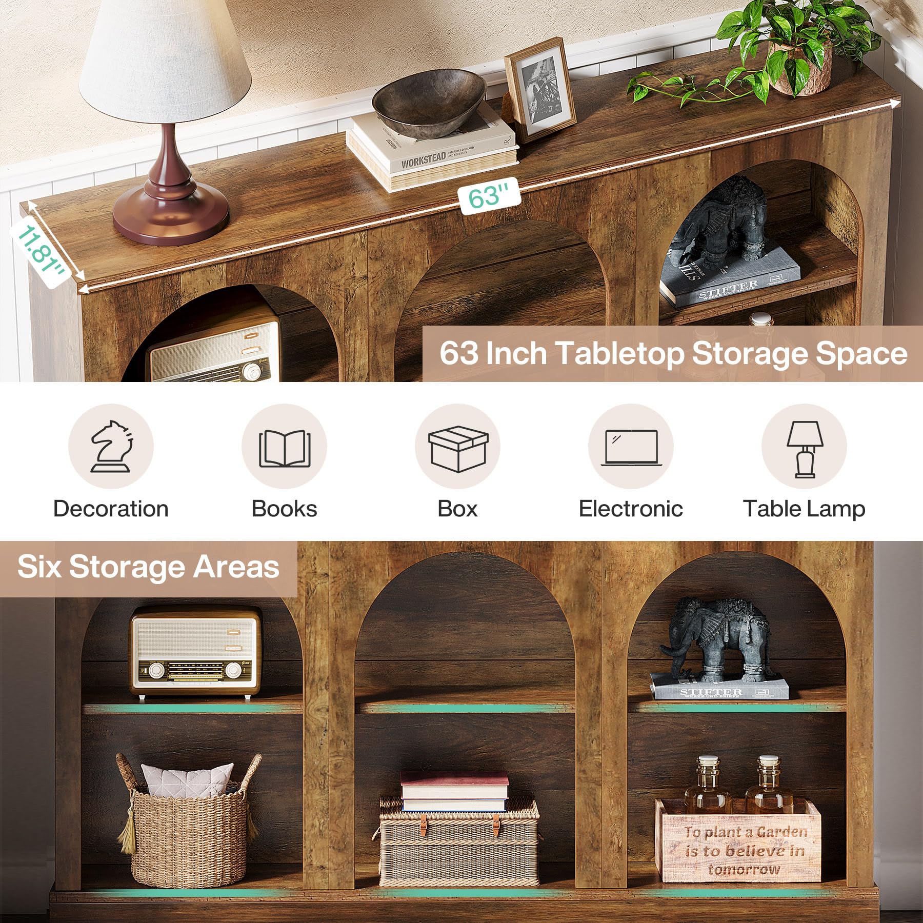 Tribesigns Farmhouse Console Table, 63-Inch Long Entryway Table with 3 Tier Storage, Wooden Rectangular Sofa Table Behind The Couch for Entrance, Hallway, Living Room, Brown