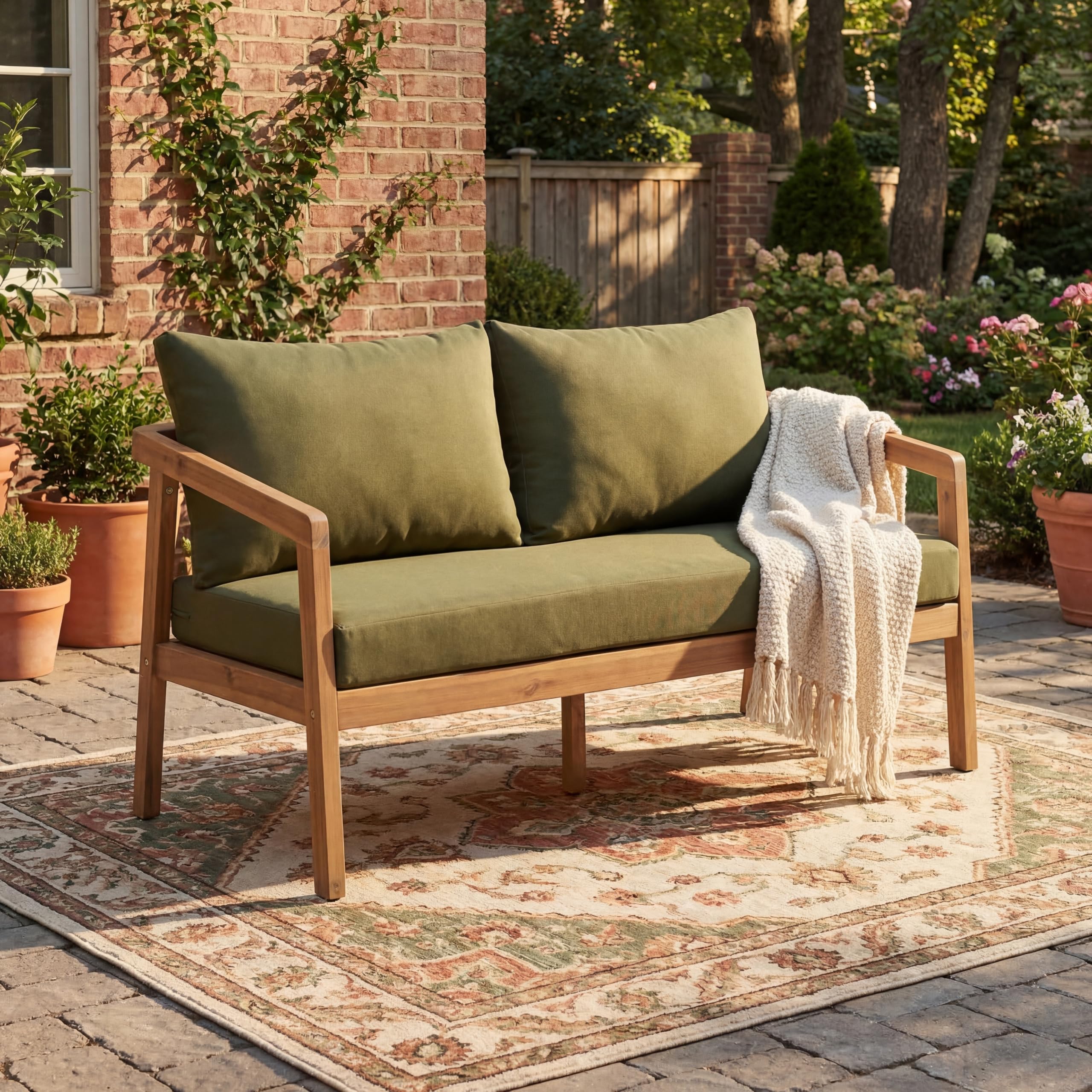 Acacia Wood Outdoor Loveseat Sofa with Removable Cushions